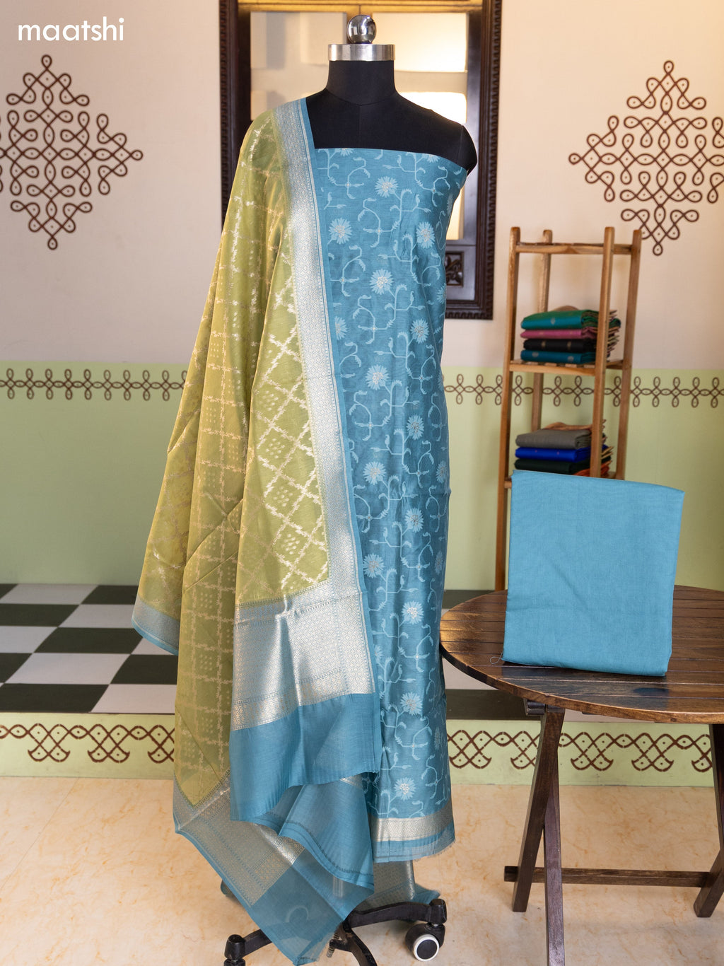 Teal Blue and Olive Green Chanderi Dress Material With Thread Weaves and Bottom & Banarasi Style Dupatta