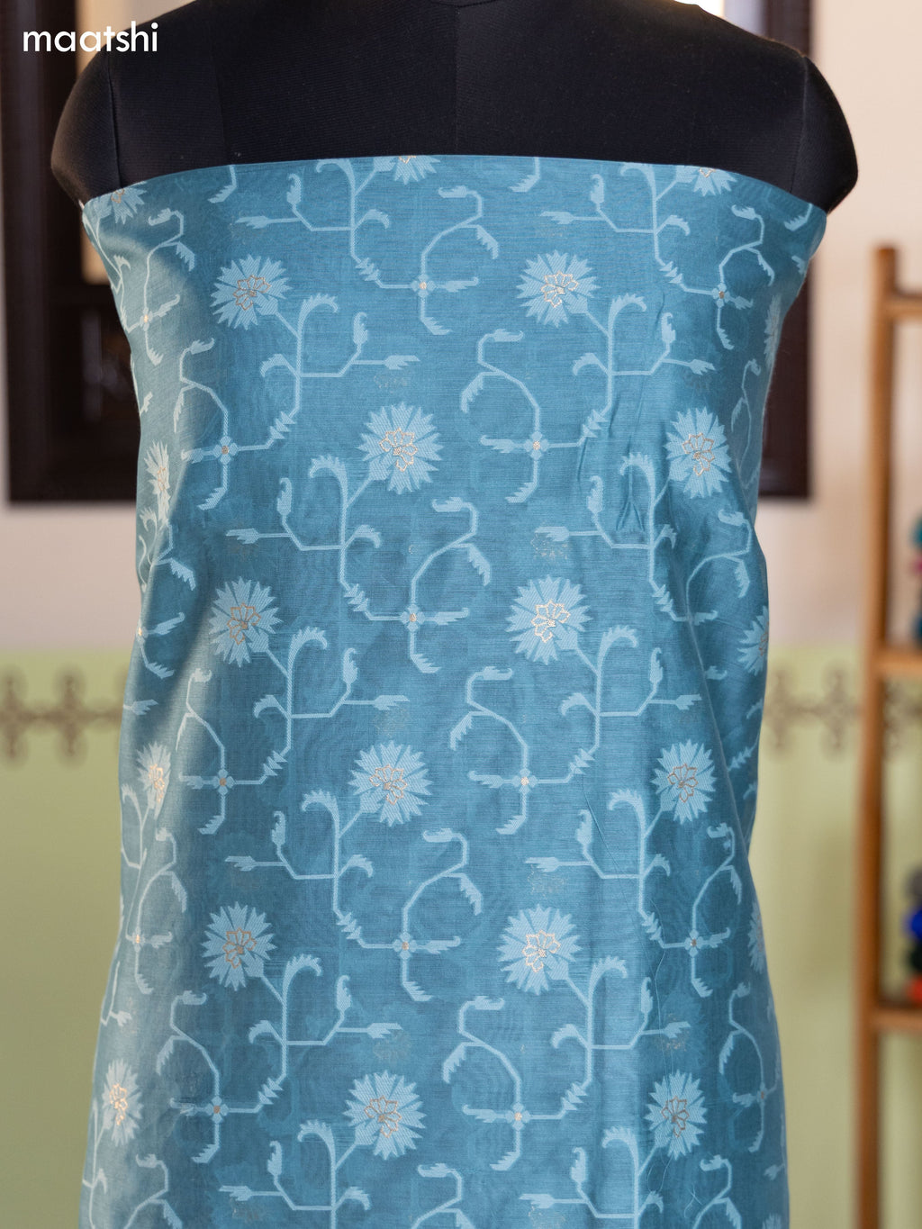 Teal Blue and Olive Green Chanderi Dress Material With Thread Weaves and Bottom & Banarasi Style Dupatta