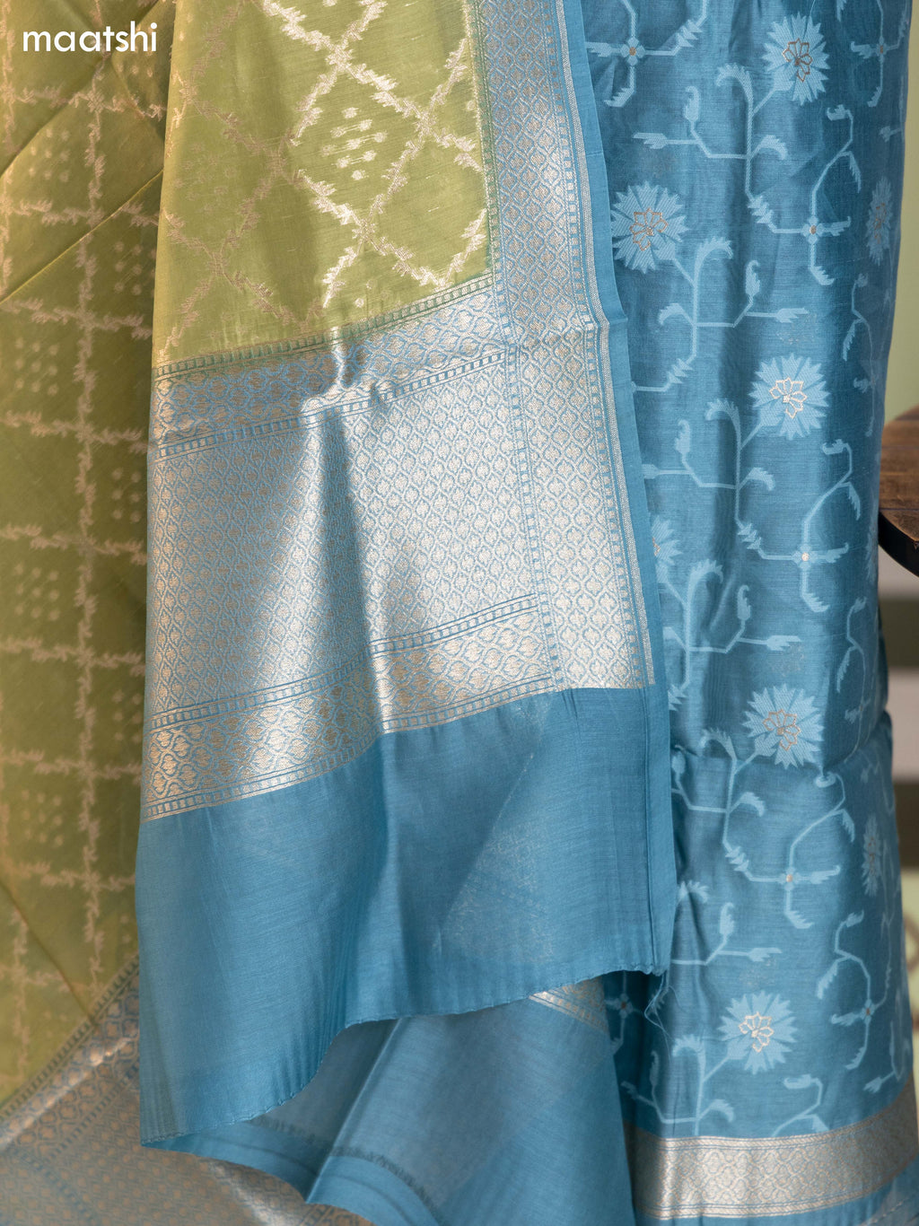 Teal Blue and Olive Green Chanderi Dress Material With Thread Weaves and Bottom & Banarasi Style Dupatta