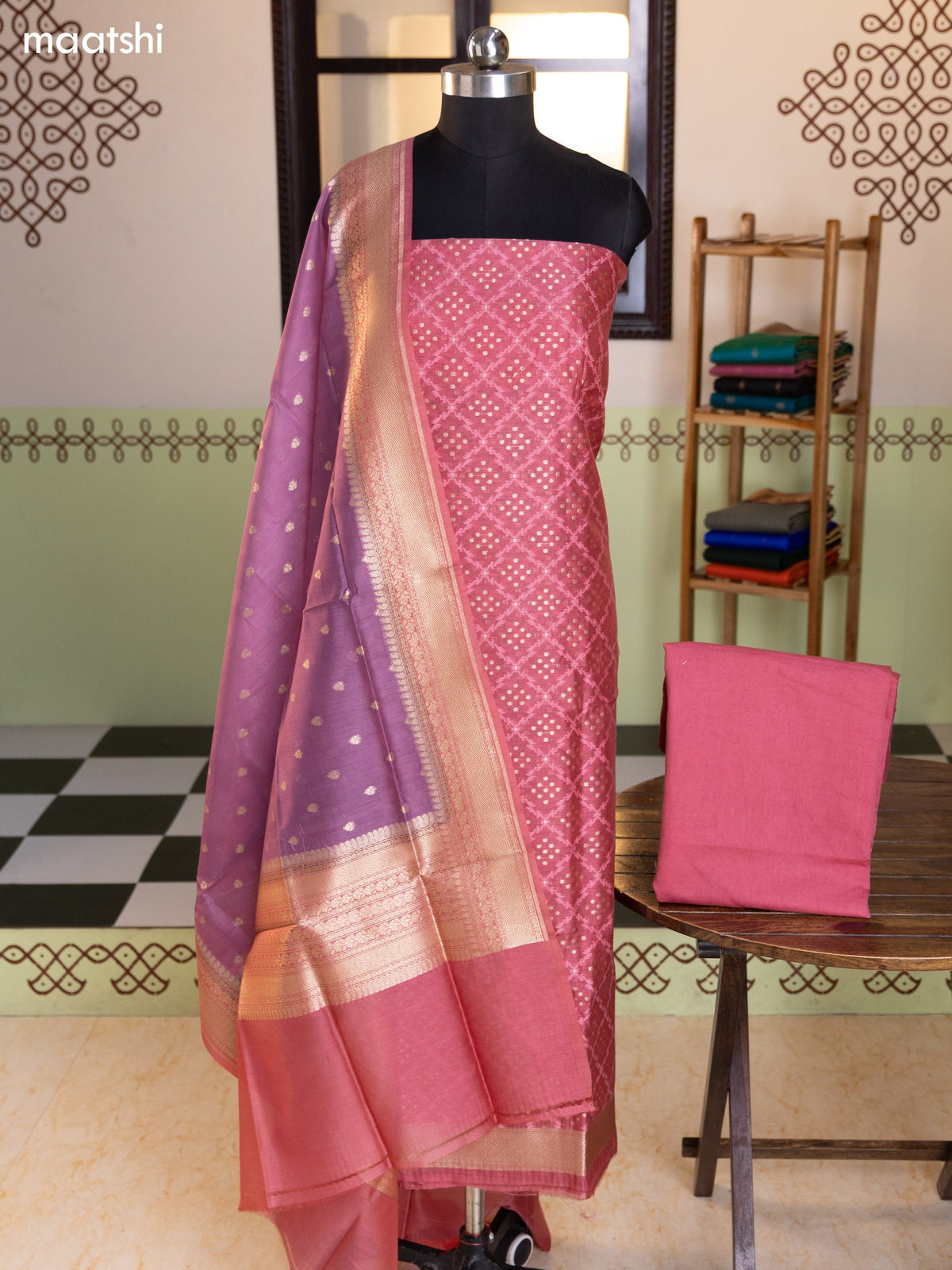 Mauve Pink and Lavender Chanderi Dress Material With Thread & Zari Weaves and Bottom & Banarasi Style Dupatta