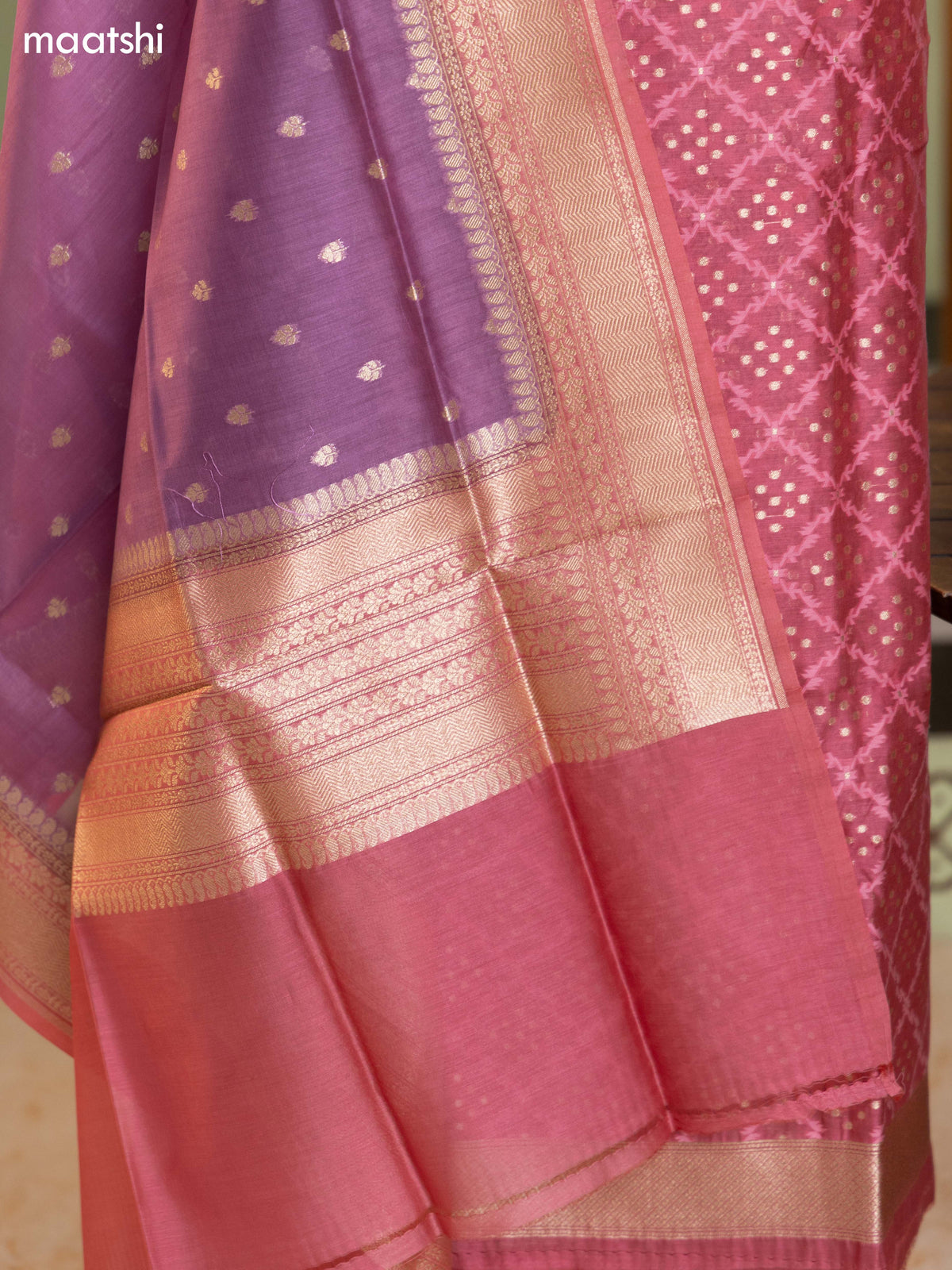 Mauve Pink and Lavender Chanderi Dress Material With Thread & Zari Weaves and Bottom & Banarasi Style Dupatta