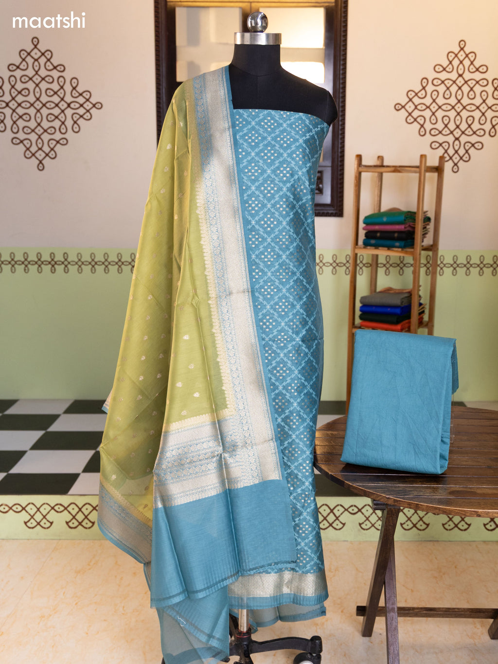 Teal Blue and Olive Green Chanderi Dress Material With Thread & Zari Weaves and Bottom & Banarasi Style Dupatta