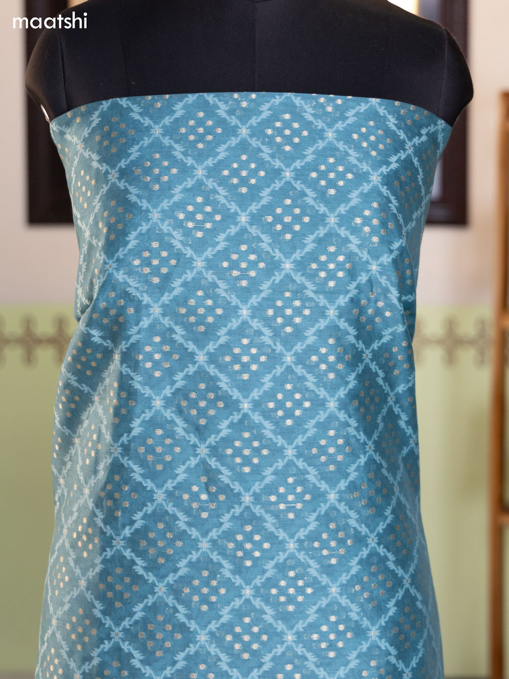 Teal Blue and Olive Green Chanderi Dress Material With Thread & Zari Weaves and Bottom & Banarasi Style Dupatta