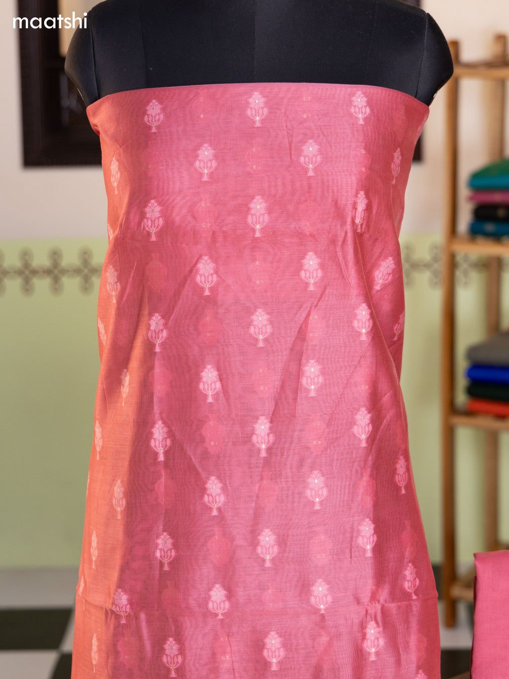 Pink and Pastel Purple Chanderi Dress Material With Thread & Zari Buttas and Bottom & Banarasi Style Dupatta