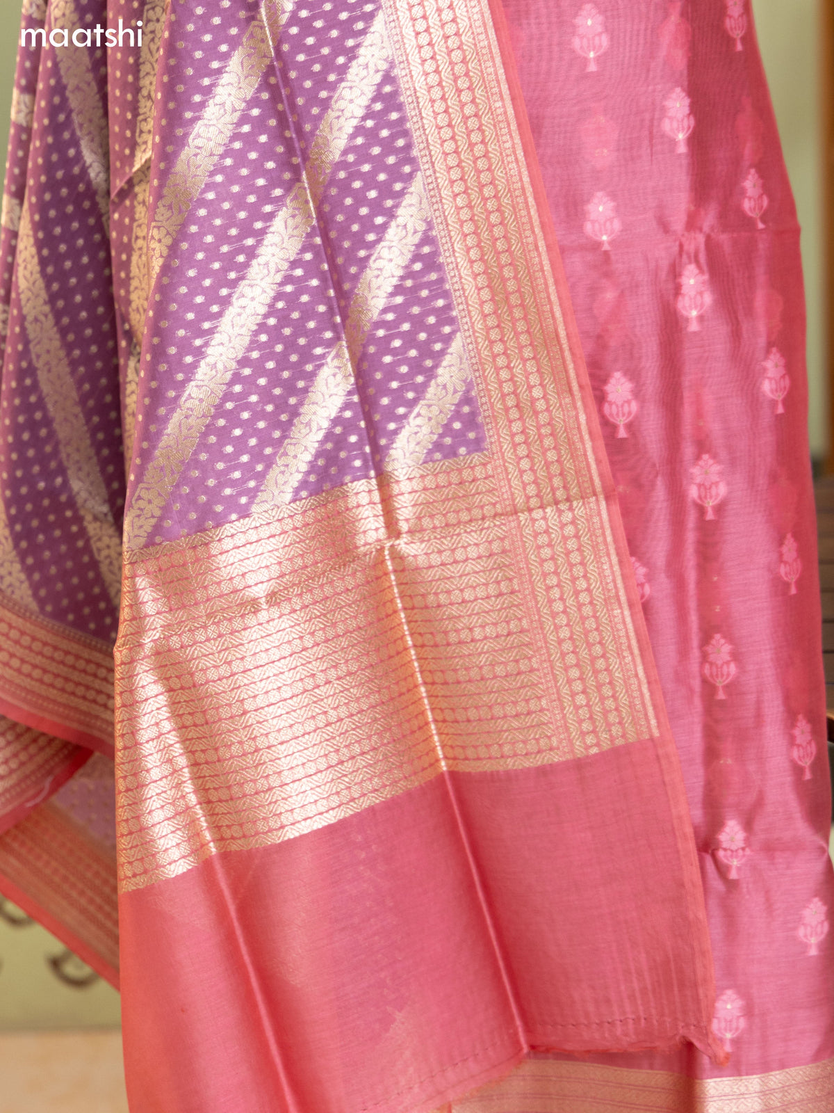 Pink and Pastel Purple Chanderi Dress Material With Thread & Zari Buttas and Bottom & Banarasi Style Dupatta