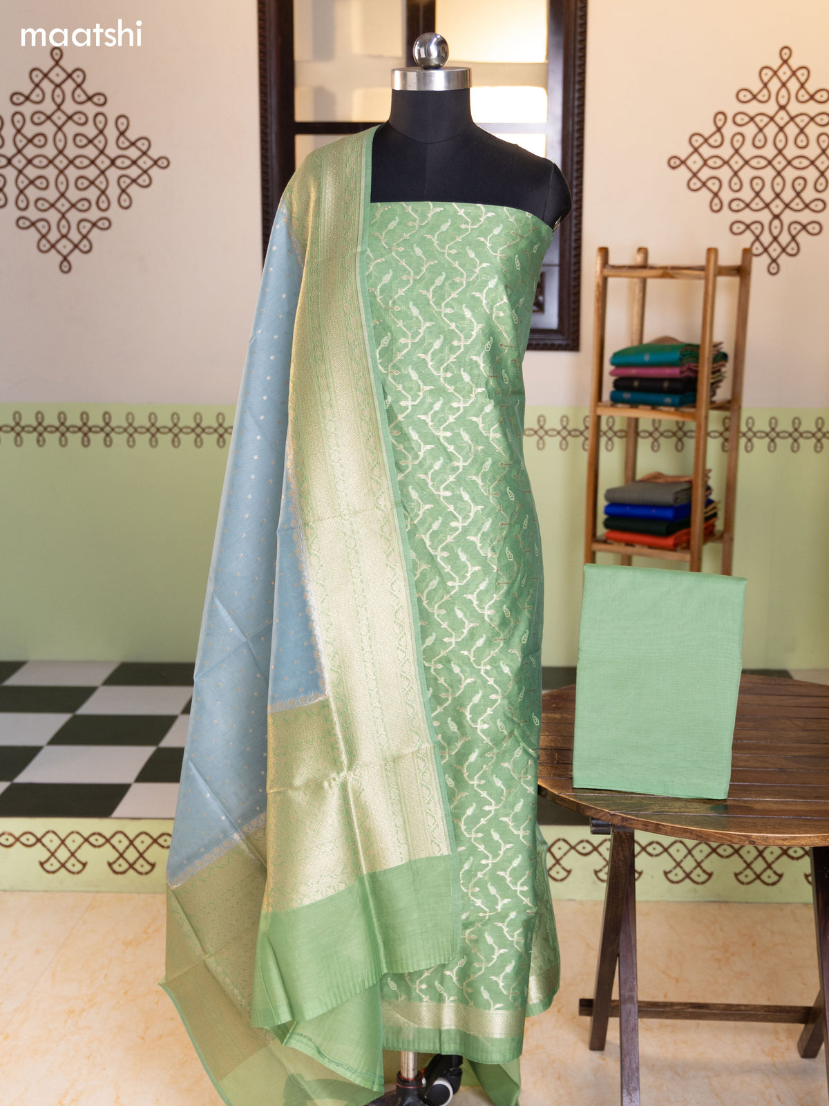 Green and Bluish Grey Chanderi Dress Material With Thread & Zari Weaves and Bottom & Banarasi Style Dupatta