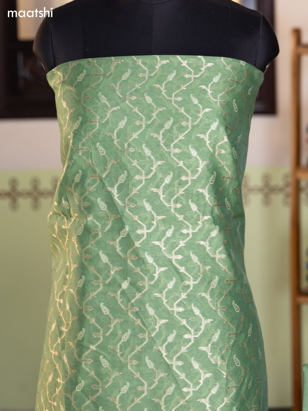 Green and Bluish Grey Chanderi Dress Material With Thread & Zari Weaves and Bottom & Banarasi Style Dupatta
