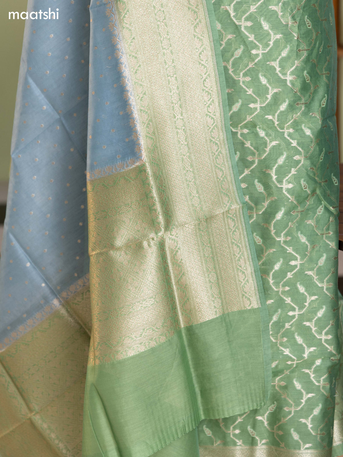 Green and Bluish Grey Chanderi Dress Material With Thread & Zari Weaves and Bottom & Banarasi Style Dupatta