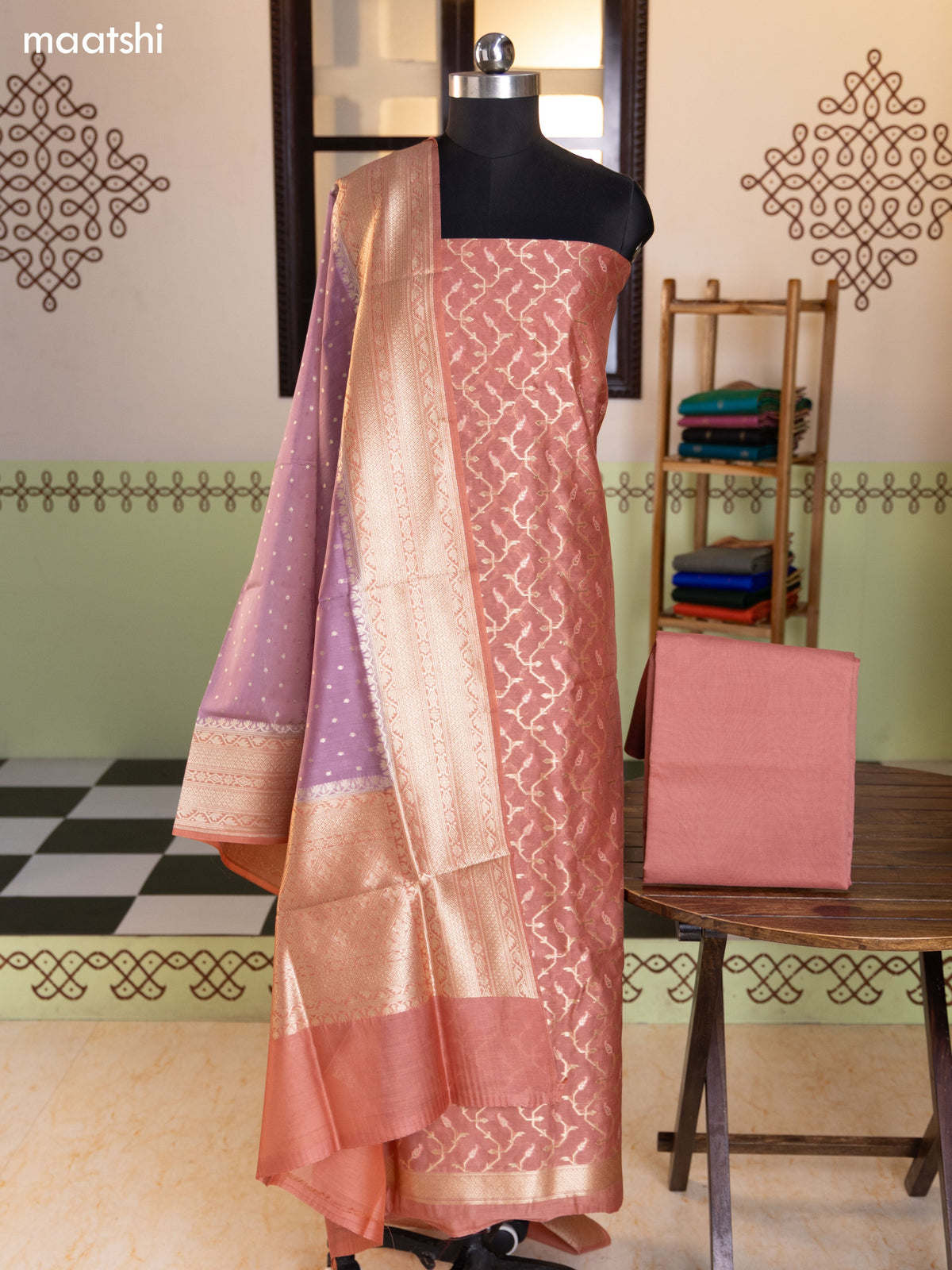 Pastel Brown and Lavender Chanderi Dress Material With Thread & Zari Weaves and Bottom & Banarasi Style Dupatta