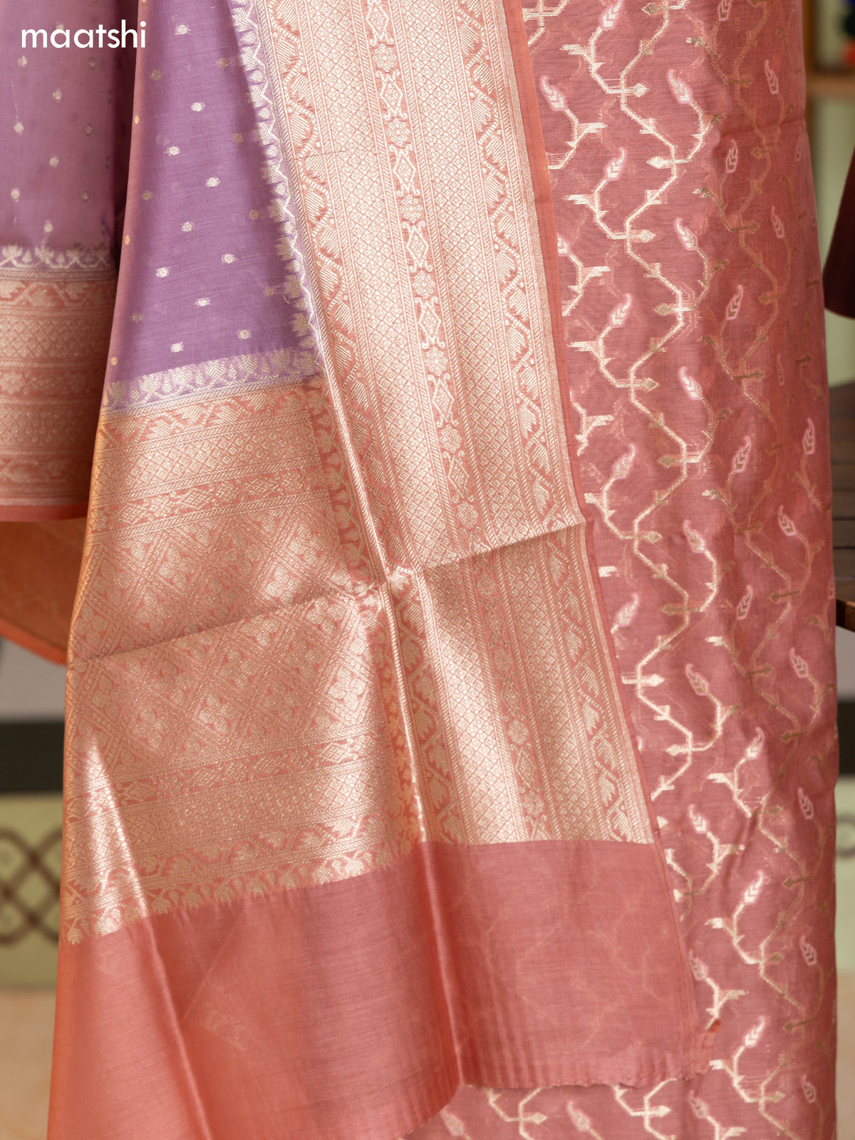 Pastel Brown and Lavender Chanderi Dress Material With Thread & Zari Weaves and Bottom & Banarasi Style Dupatta