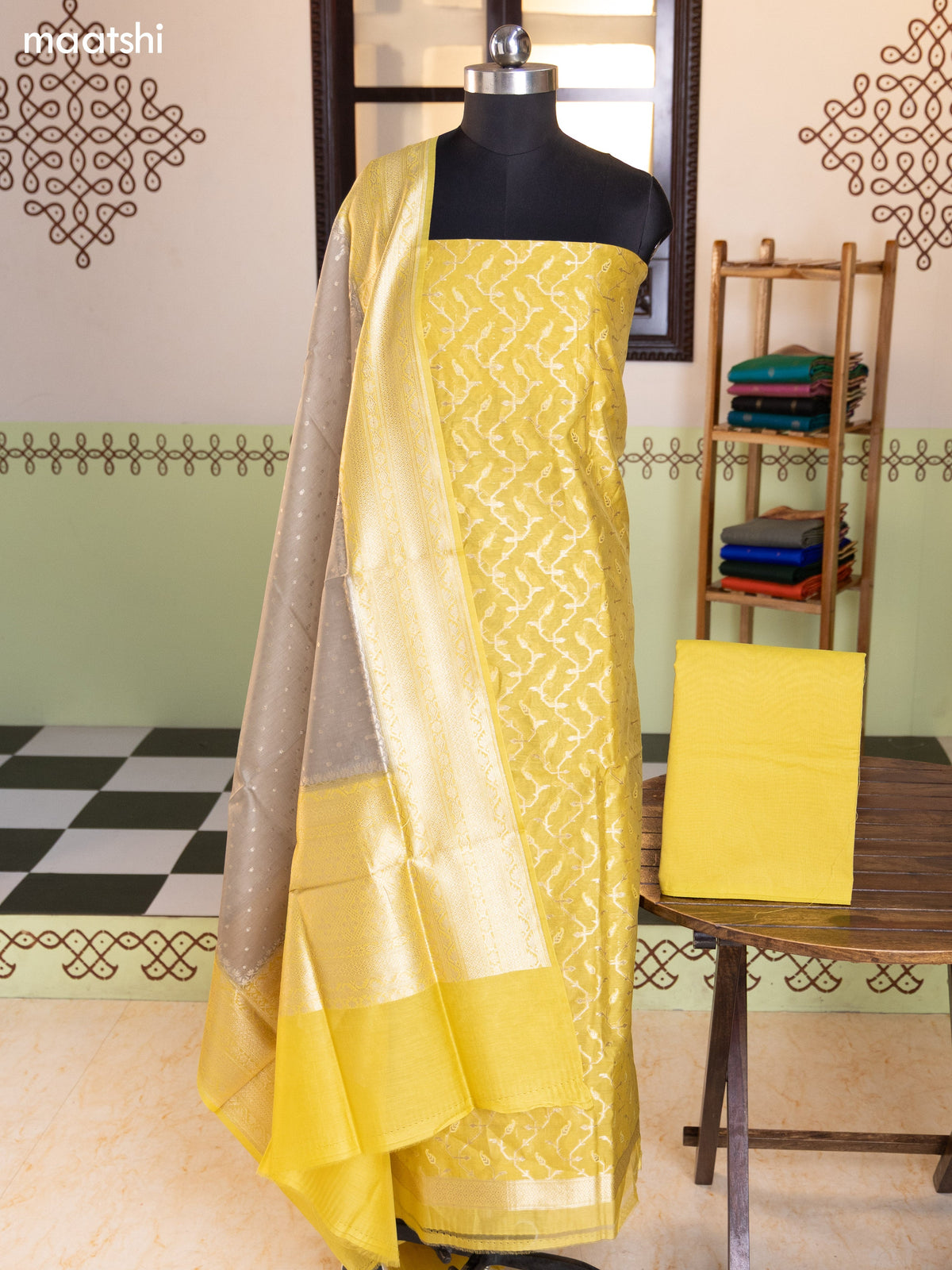 Mustard Green and Grey Chanderi Dress Material With Thread & Zari Weaves and Bottom & Banarasi Style Dupatta
