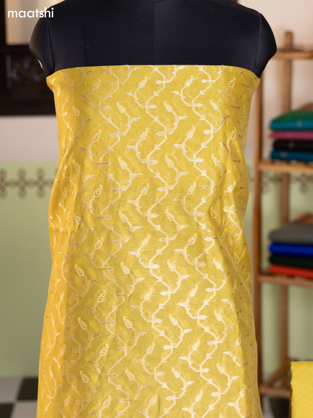 Mustard Green and Grey Chanderi Dress Material With Thread & Zari Weaves and Bottom & Banarasi Style Dupatta