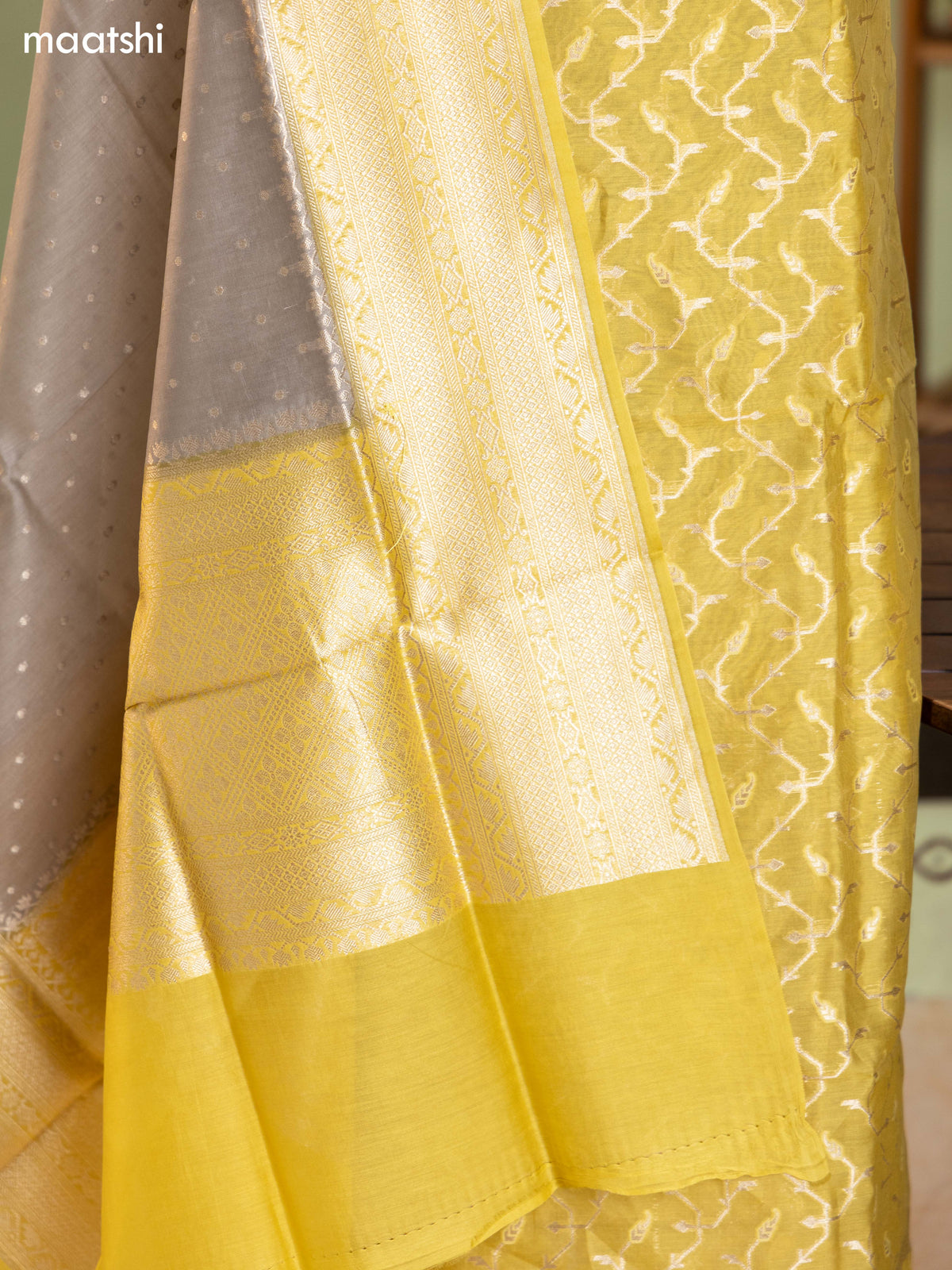 Mustard Green and Grey Chanderi Dress Material With Thread & Zari Weaves and Bottom & Banarasi Style Dupatta