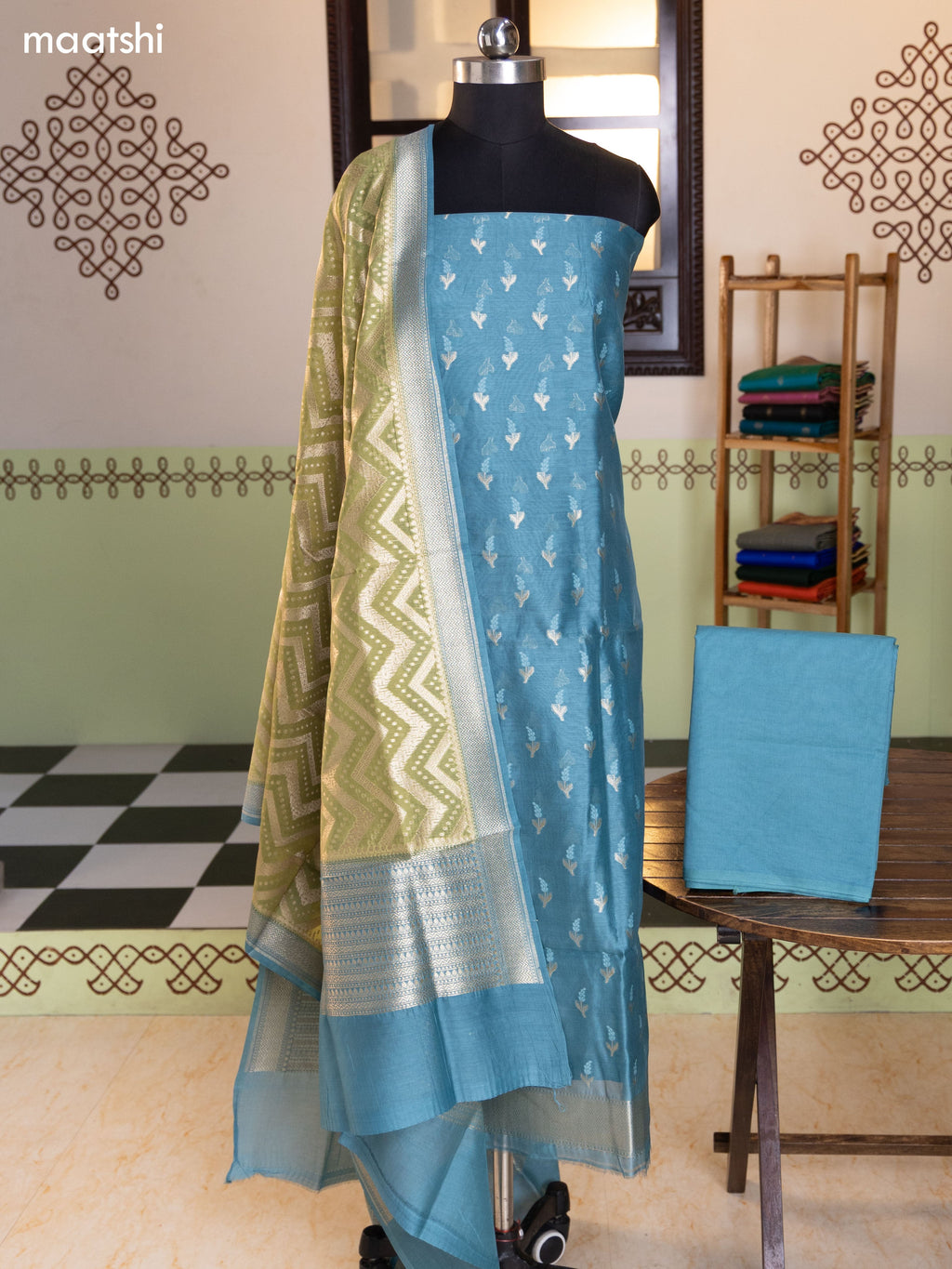 Teal Blue and Olive Green Chanderi Dress Material With Thread & Zari Buttas and Bottom & Banarasi Style Dupatta