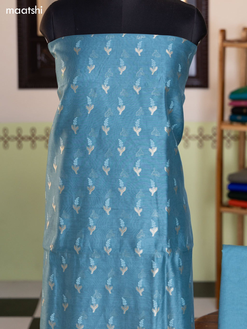 Teal Blue and Olive Green Chanderi Dress Material With Thread & Zari Buttas and Bottom & Banarasi Style Dupatta