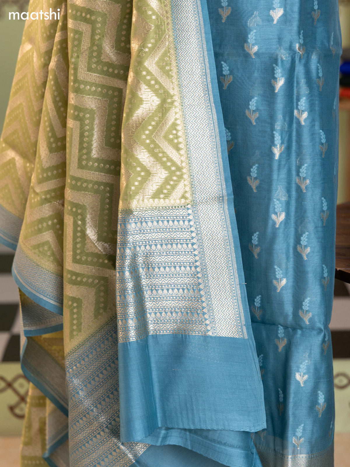 Teal Blue and Olive Green Chanderi Dress Material With Thread & Zari Buttas and Bottom & Banarasi Style Dupatta