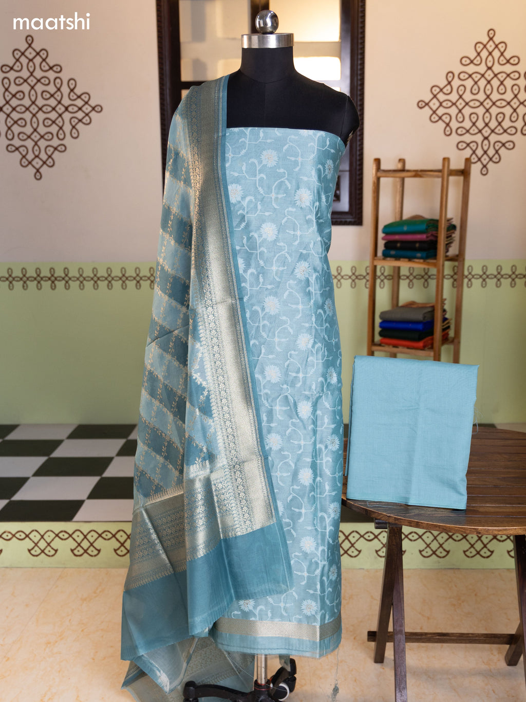 Teal Blue Chanderi Dress Material With Thread Weaves and Bottom & Banarasi Style Dupatta