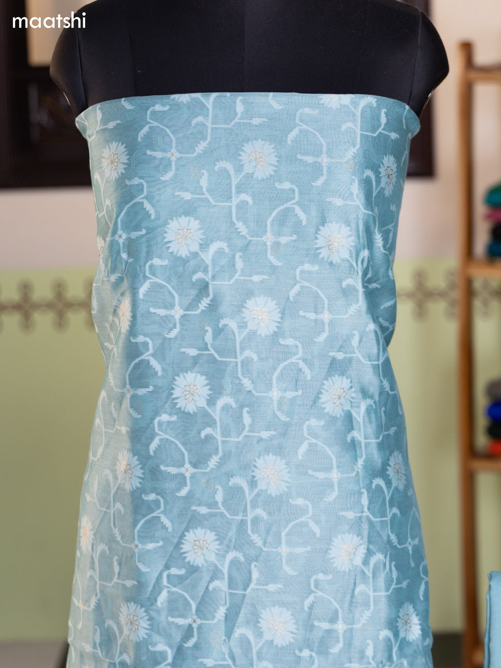 Teal Blue Chanderi Dress Material With Thread Weaves and Bottom & Banarasi Style Dupatta