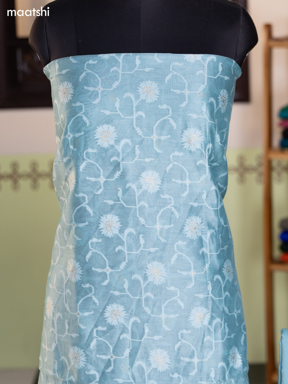 Teal Blue Chanderi Dress Material With Thread Weaves and Bottom & Banarasi Style Dupatta