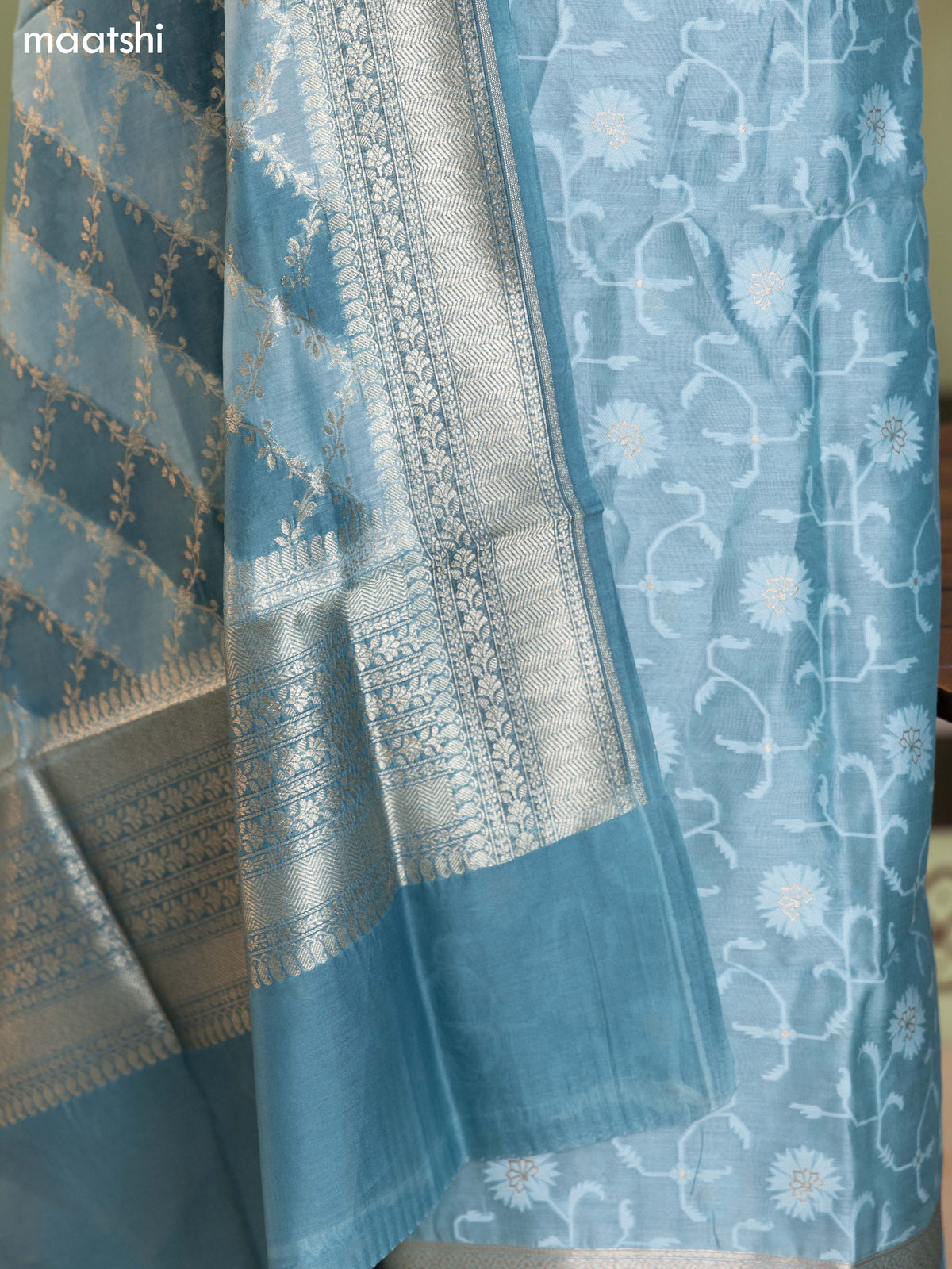 Teal Blue Chanderi Dress Material With Thread Weaves and Bottom & Banarasi Style Dupatta