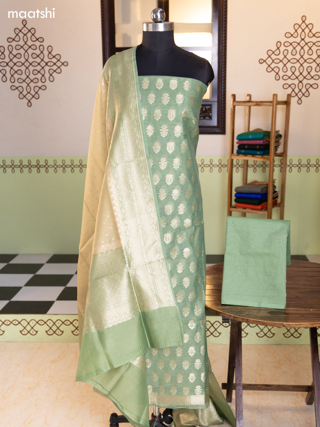 Pale Green and Sandal Chanderi Dress Material With Thread & Zari Buttas and Bottom & Banarasi Style Dupatta
