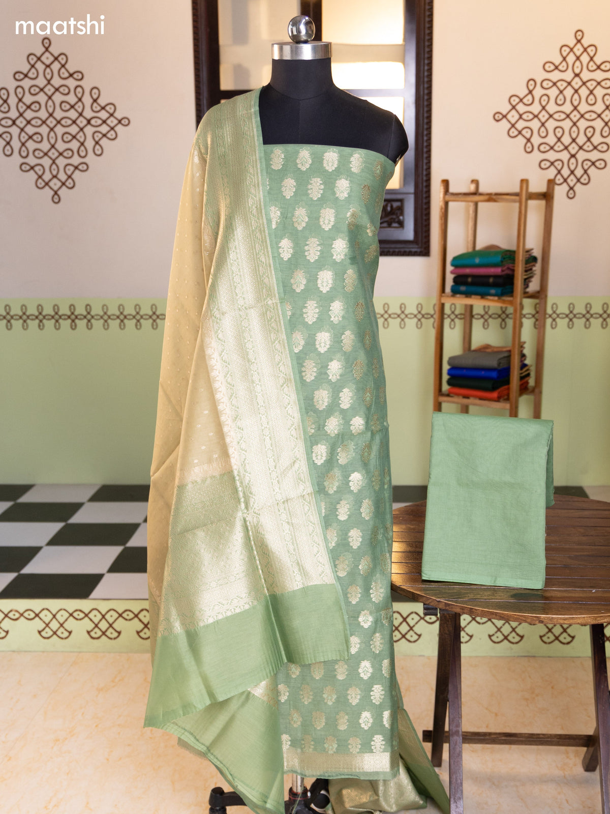 Pale Green and Sandal Chanderi Dress Material With Thread & Zari Buttas and Bottom & Banarasi Style Dupatta