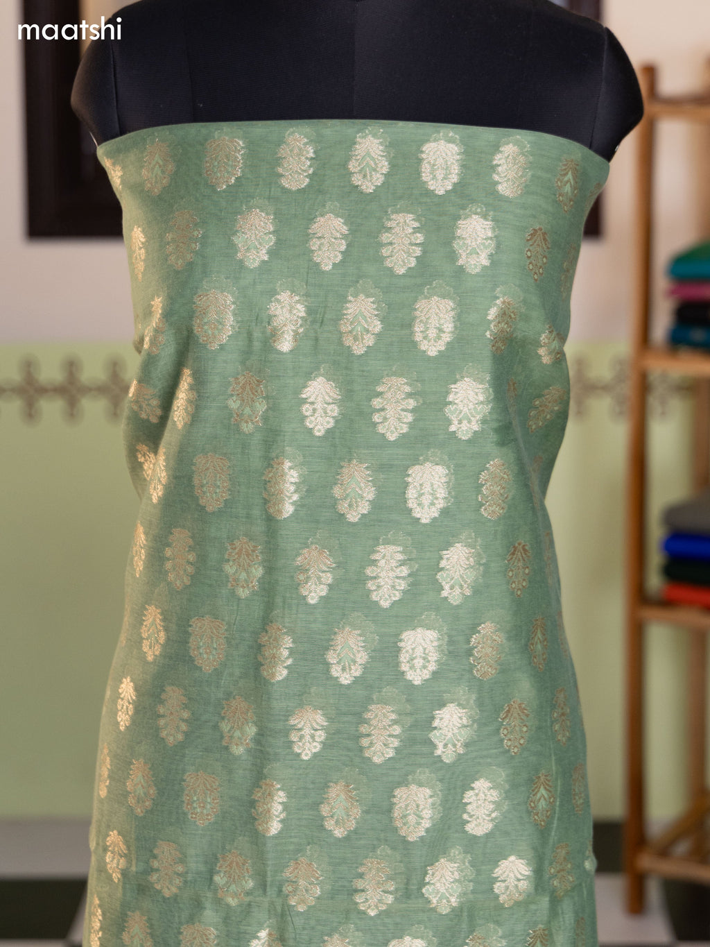 Pale Green and Sandal Chanderi Dress Material With Thread & Zari Buttas and Bottom & Banarasi Style Dupatta