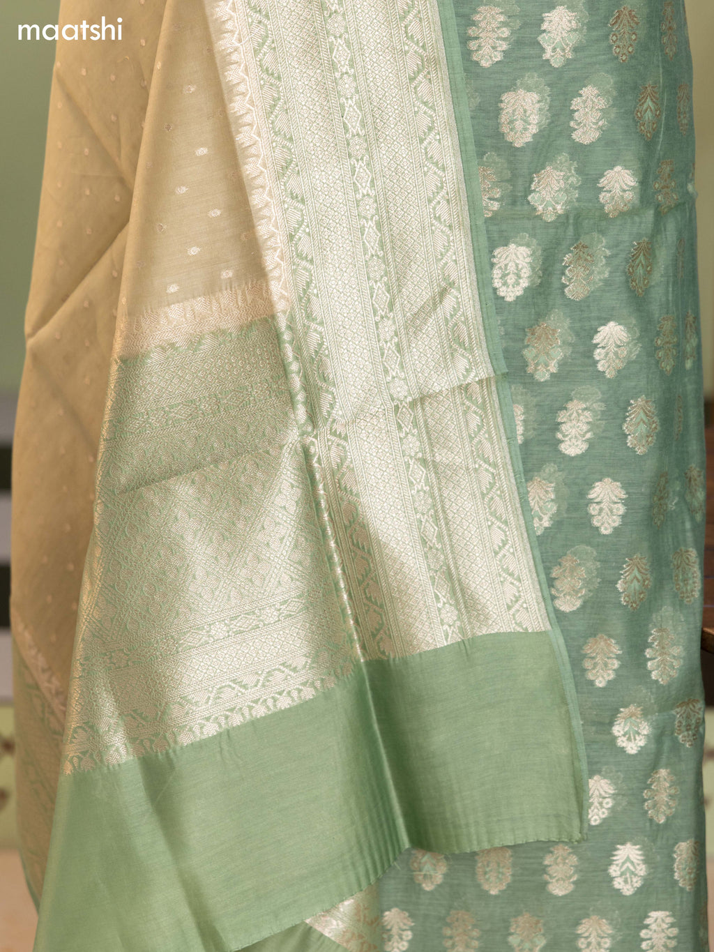 Pale Green and Sandal Chanderi Dress Material With Thread & Zari Buttas and Bottom & Banarasi Style Dupatta