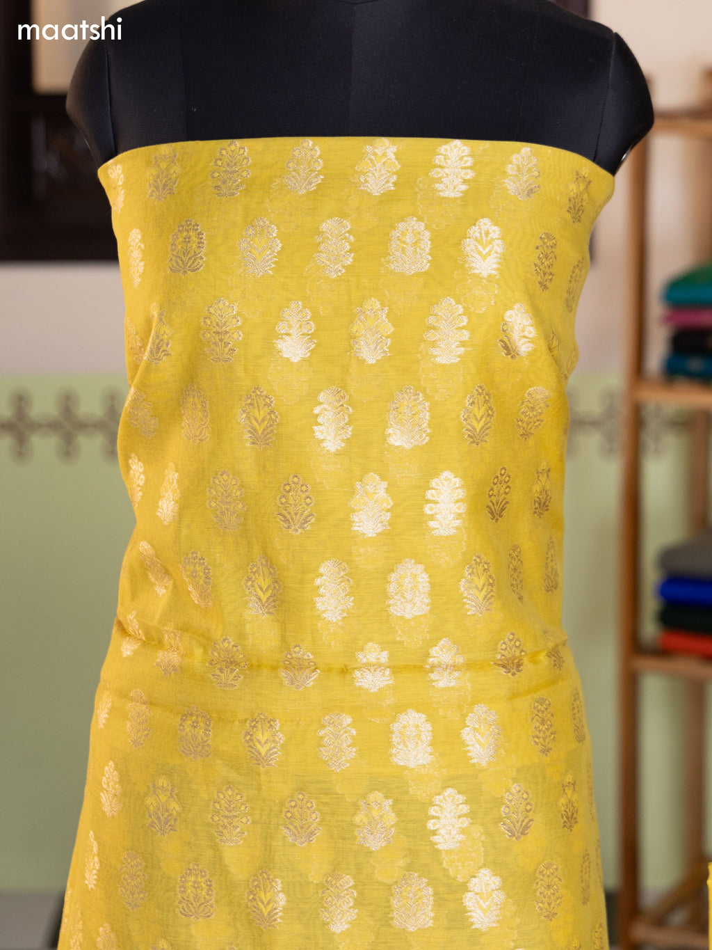 Pale Yellow and Sandal Chanderi Dress Material With Thread & Zari Buttas and Bottom & Banarasi Style Dupatta