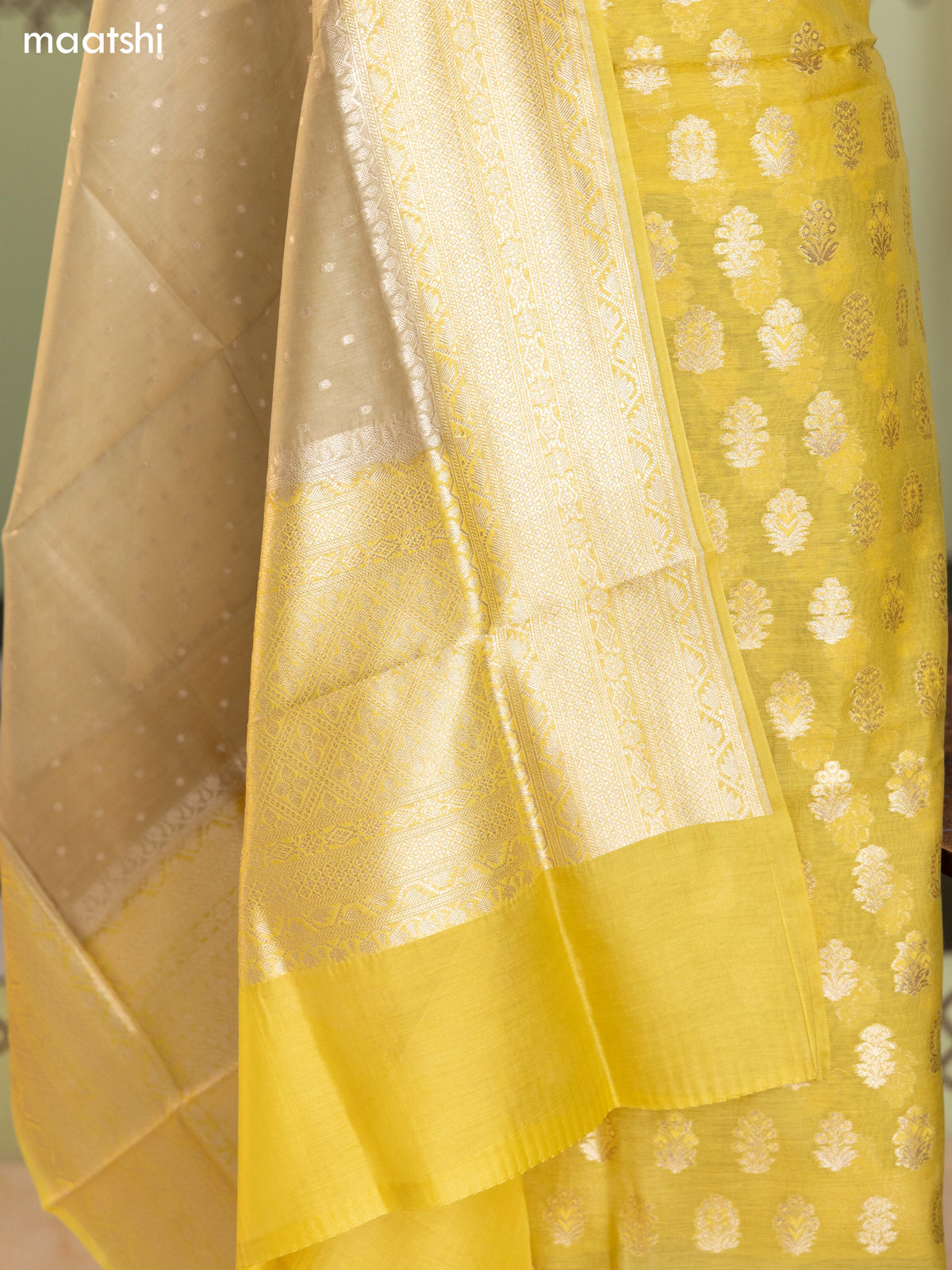 Pale Yellow and Sandal Chanderi Dress Material With Thread & Zari Buttas and Bottom & Banarasi Style Dupatta