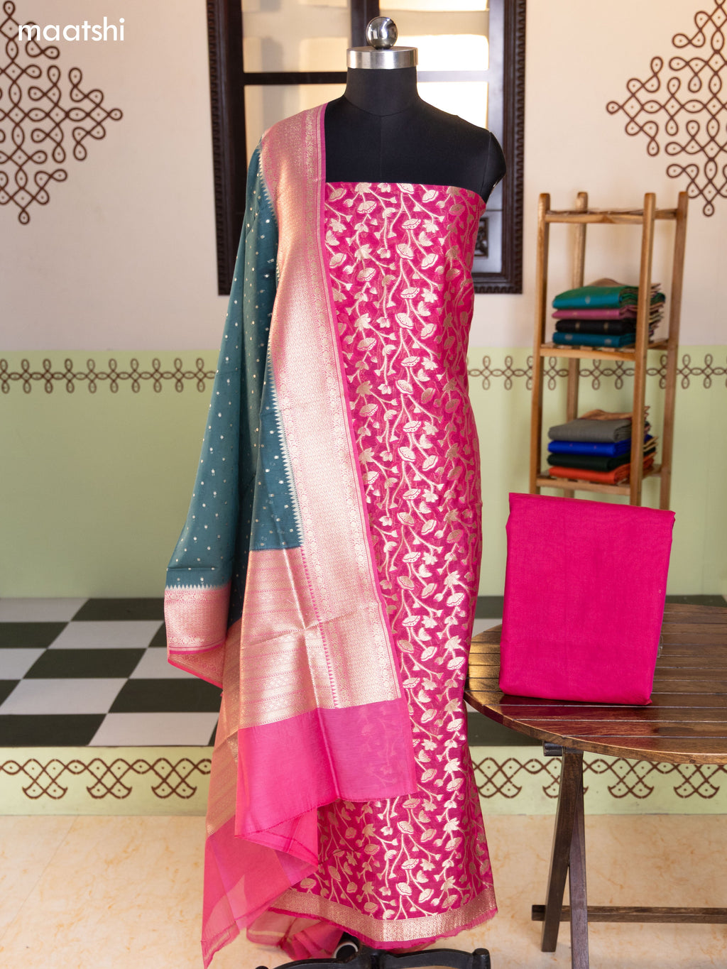Dark Pink and Green Chanderi Dress Material With Pichwai Design & Zari Weaves and Bottom & Banarasi Style Dupatta
