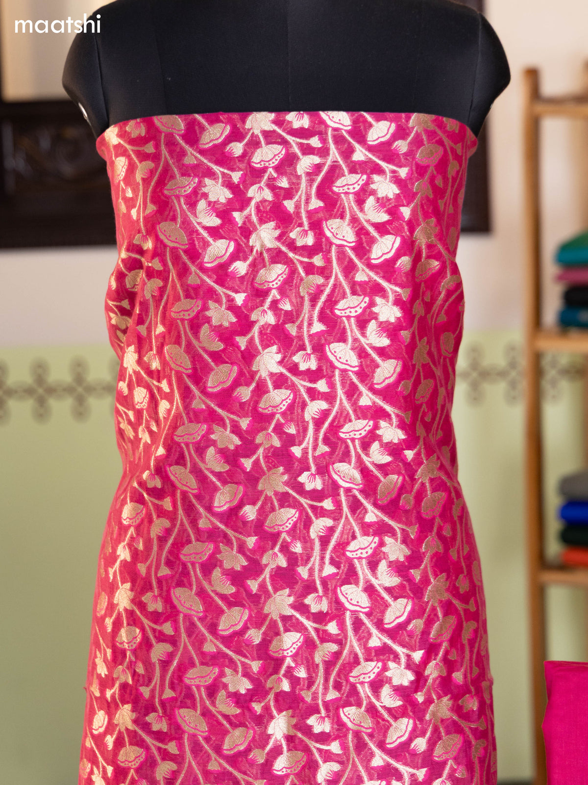 Dark Pink and Green Chanderi Dress Material With Pichwai Design & Zari Weaves and Bottom & Banarasi Style Dupatta