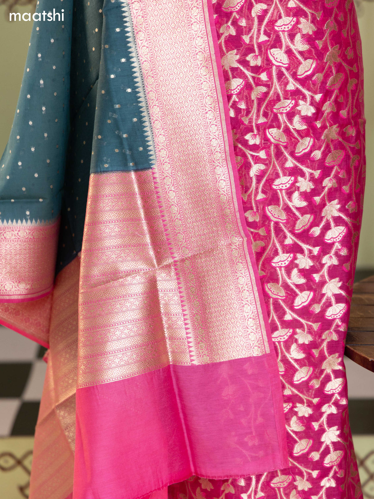 Dark Pink and Green Chanderi Dress Material With Pichwai Design & Zari Weaves and Bottom & Banarasi Style Dupatta
