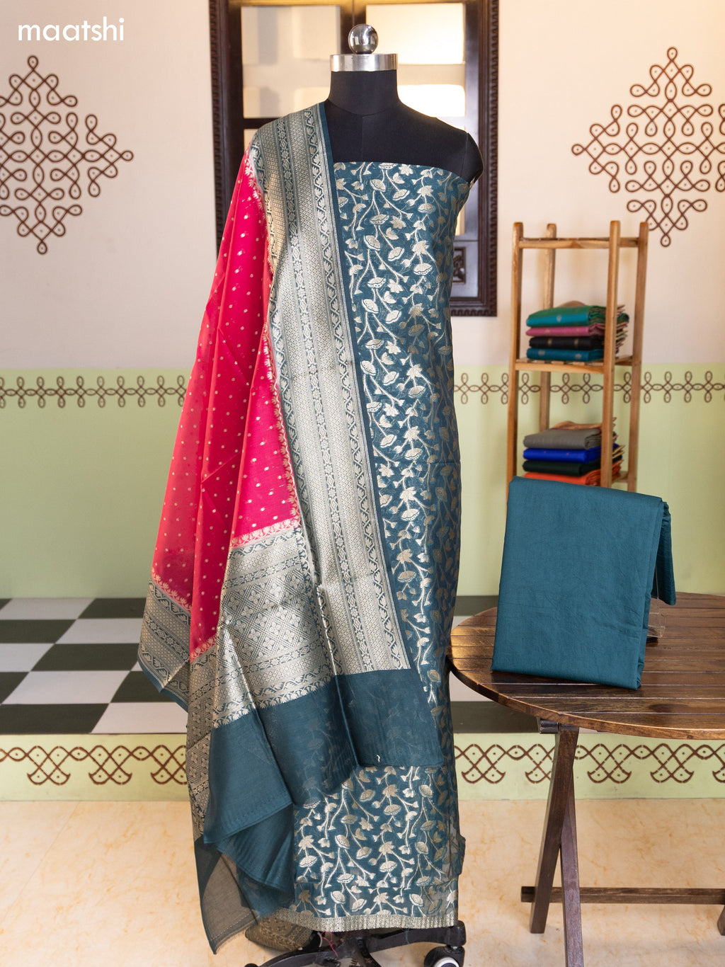 Green and Dark Pink Chanderi Dress Material With Pichwai Design & Zari Weaves and Bottom & Banarasi Style Dupatta