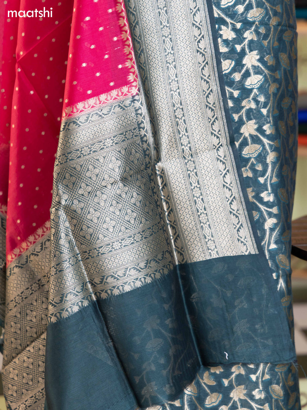 Green and Dark Pink Chanderi Dress Material With Pichwai Design & Zari Weaves and Bottom & Banarasi Style Dupatta