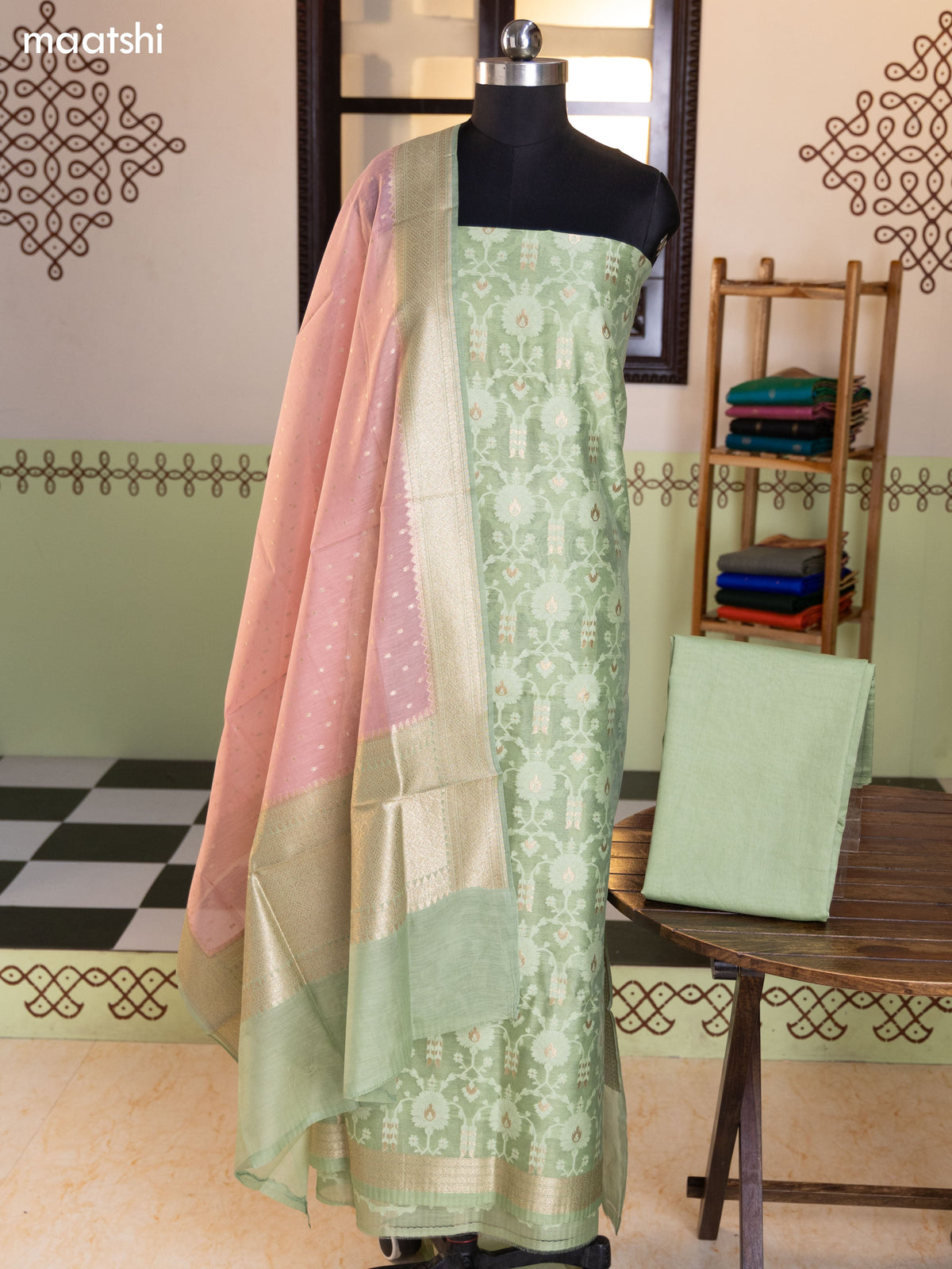 Sap Green and Mild Pink Chanderi Dress Material With Allover Thread & Zari Weaves and Bottom & Banarasi Style Dupatta