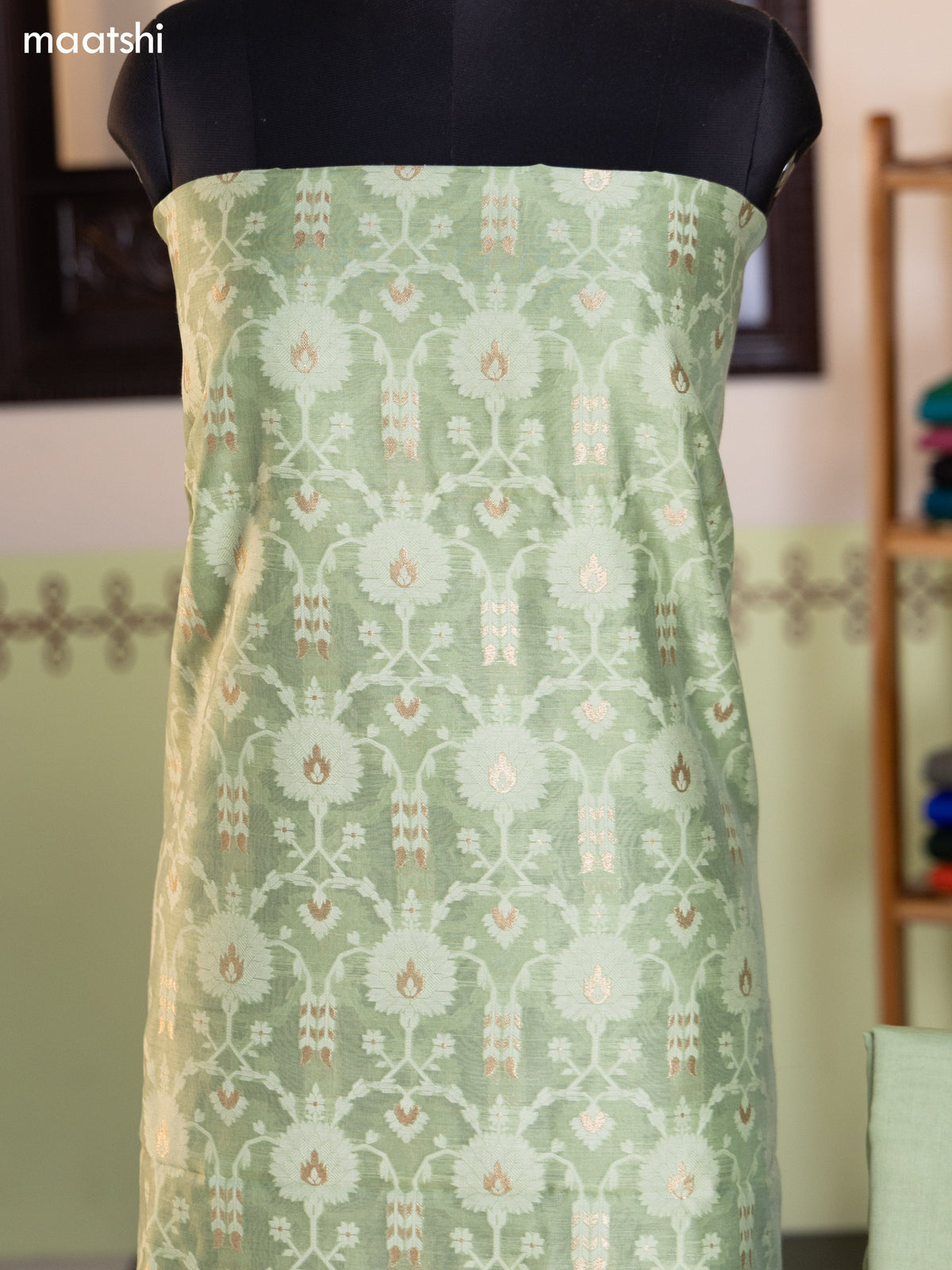 Sap Green and Mild Pink Chanderi Dress Material With Allover Thread & Zari Weaves and Bottom & Banarasi Style Dupatta