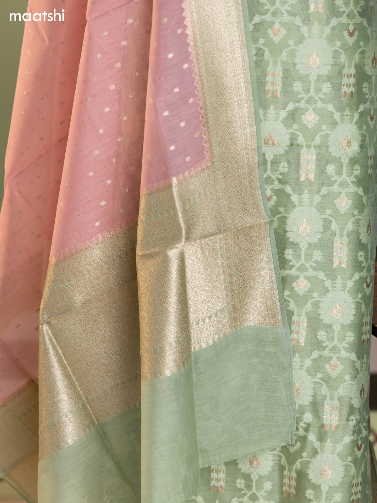 Sap Green and Mild Pink Chanderi Dress Material With Allover Thread & Zari Weaves and Bottom & Banarasi Style Dupatta