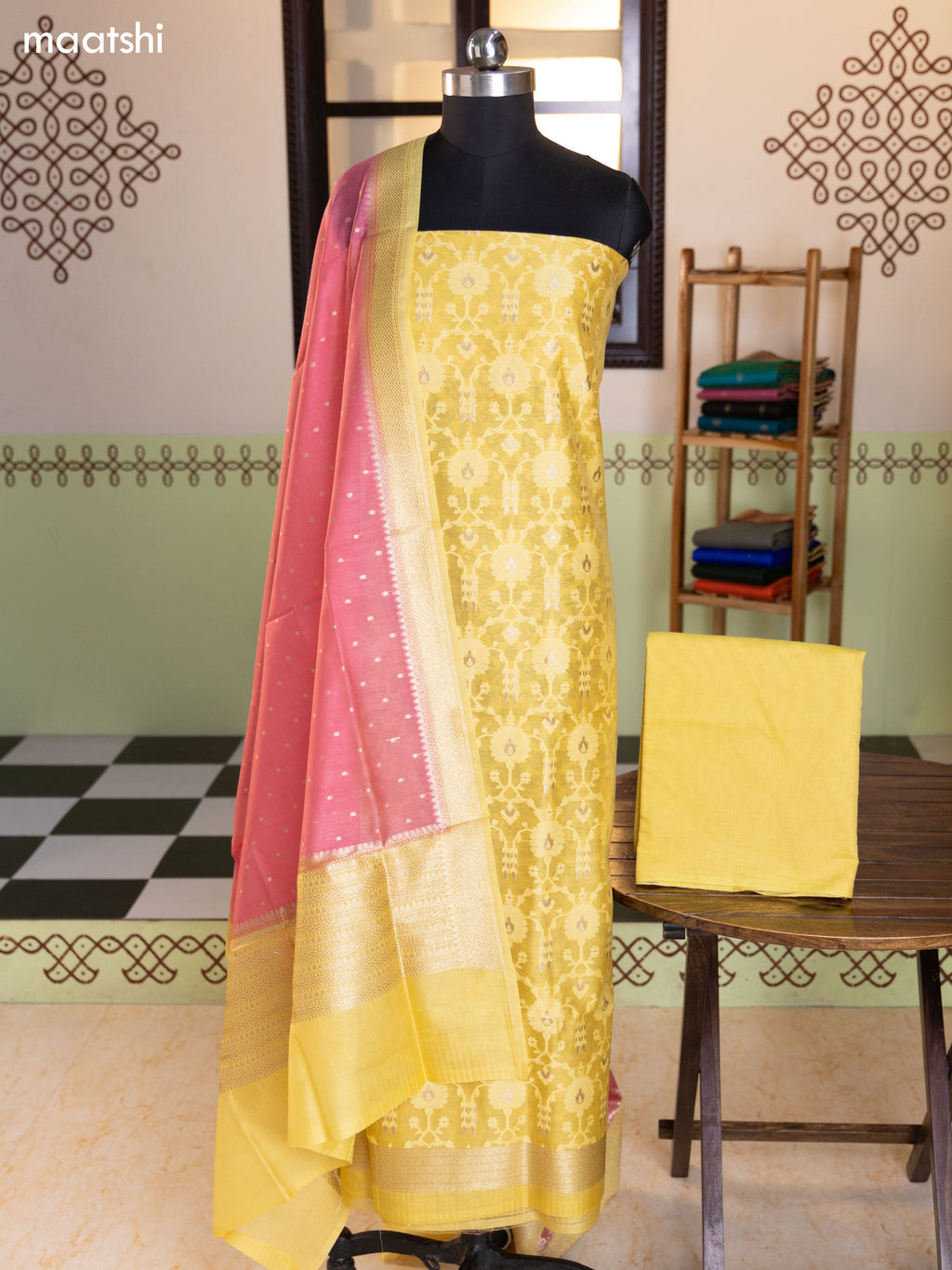 Mild Yellow and Pink Chanderi Dress Material With Allover Thread & Zari Weaves and Bottom & Banarasi Style Dupatta