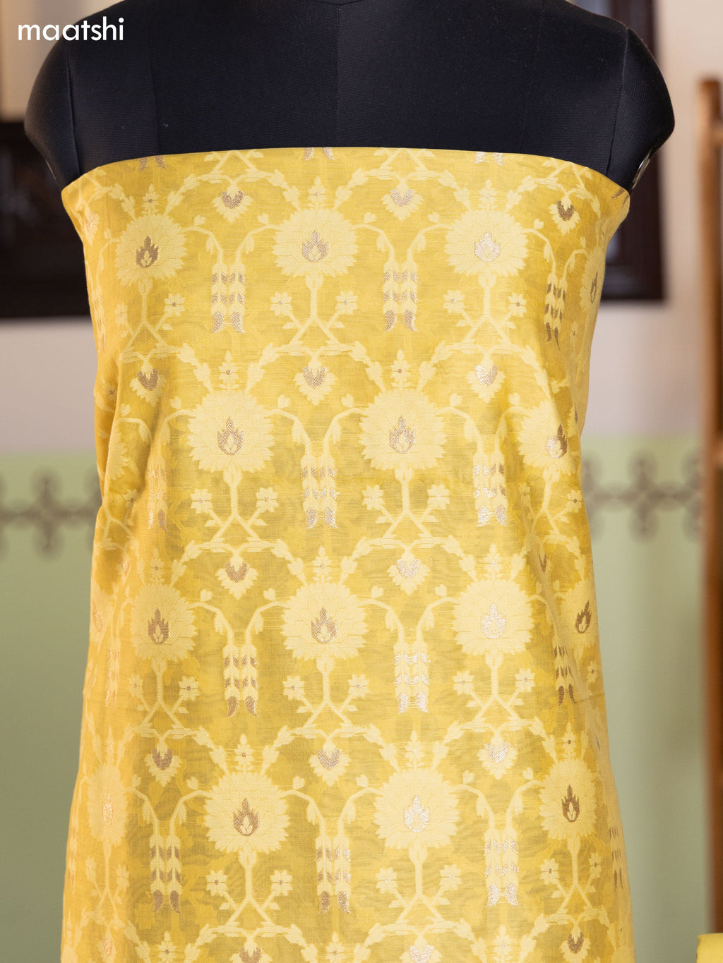 Mild Yellow and Pink Chanderi Dress Material With Allover Thread & Zari Weaves and Bottom & Banarasi Style Dupatta