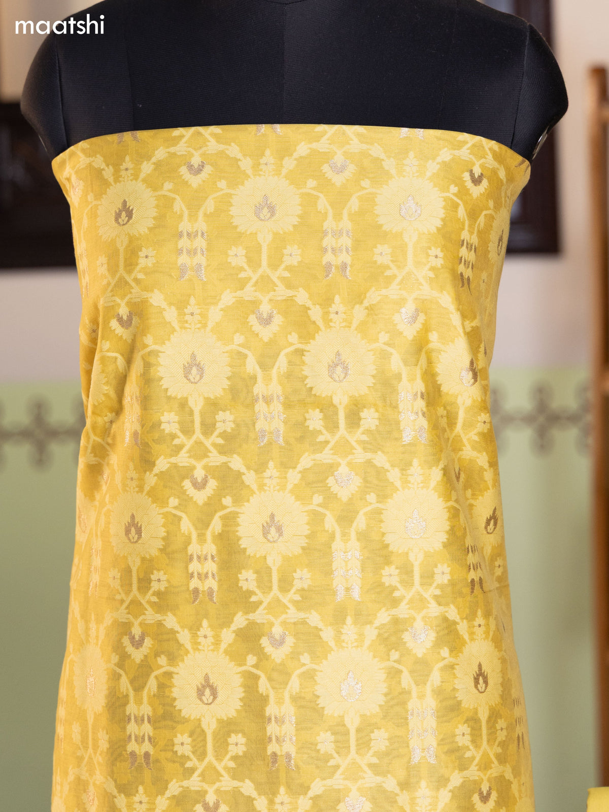 Mild Yellow and Pink Chanderi Dress Material With Allover Thread & Zari Weaves and Bottom & Banarasi Style Dupatta