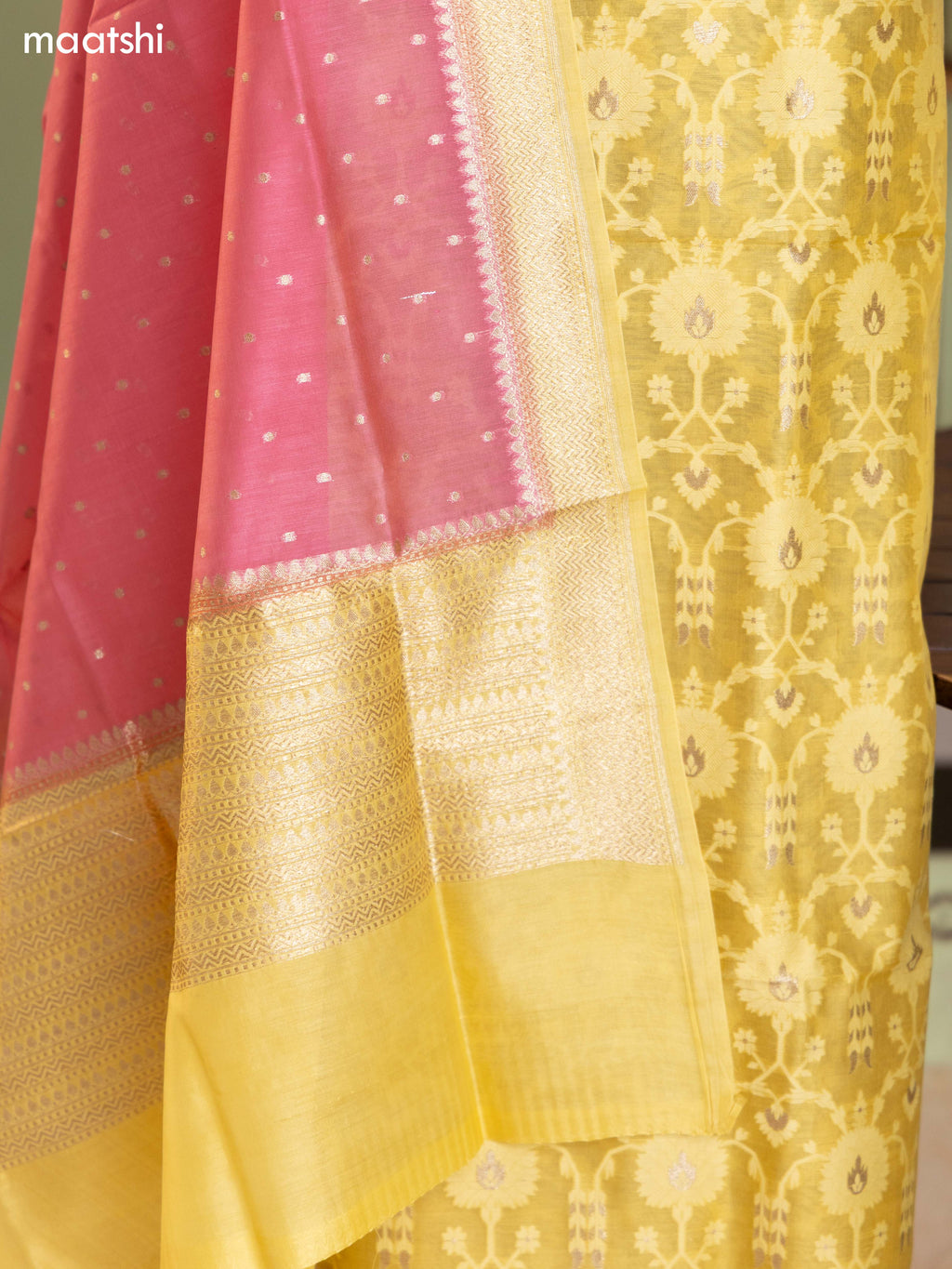 Mild Yellow and Pink Chanderi Dress Material With Allover Thread & Zari Weaves and Bottom & Banarasi Style Dupatta