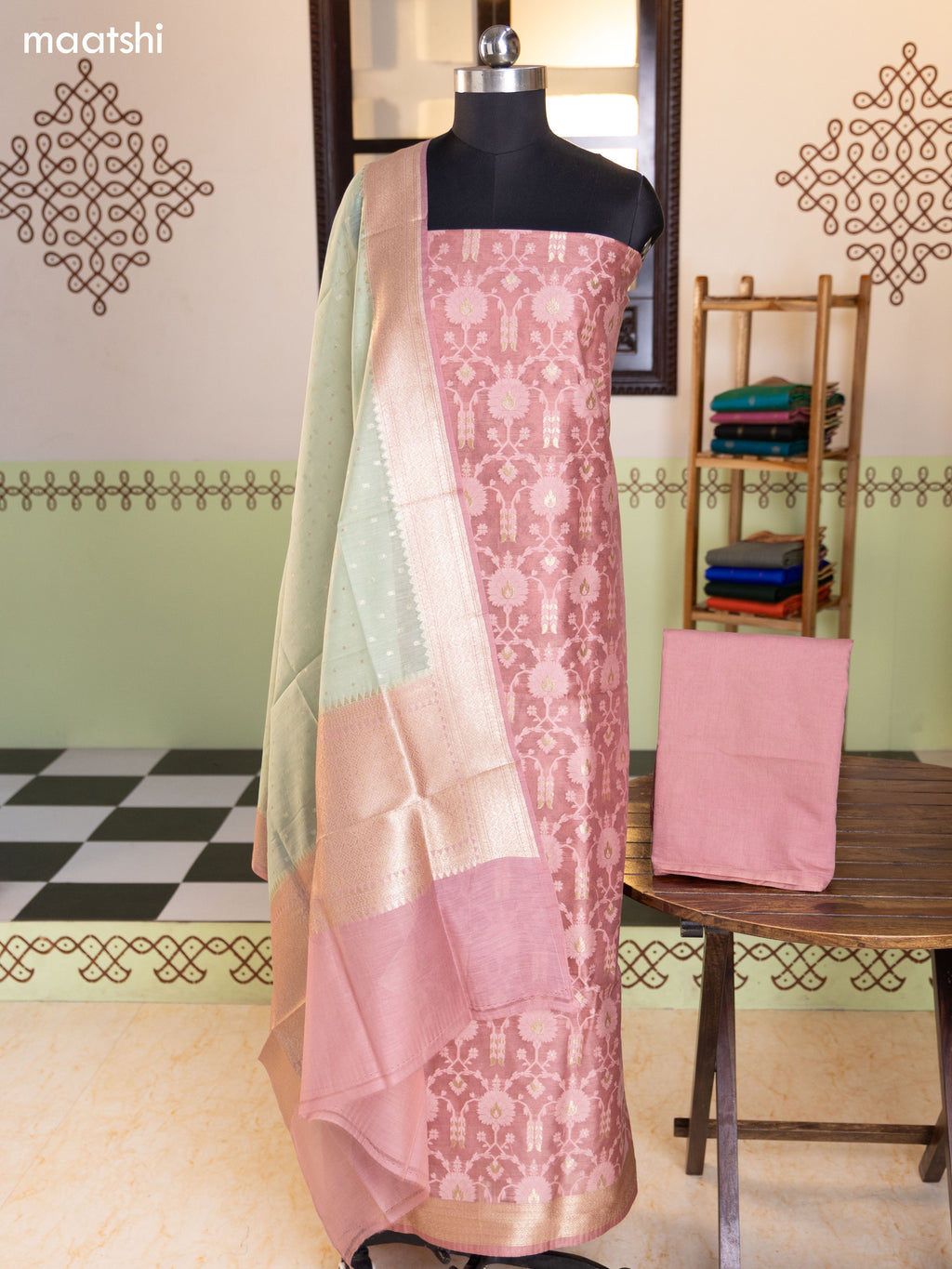 Pastel Brown and Mild Green Chanderi Dress Material With Allover Thread & Zari Weaves and Bottom & Banarasi Style Dupatta