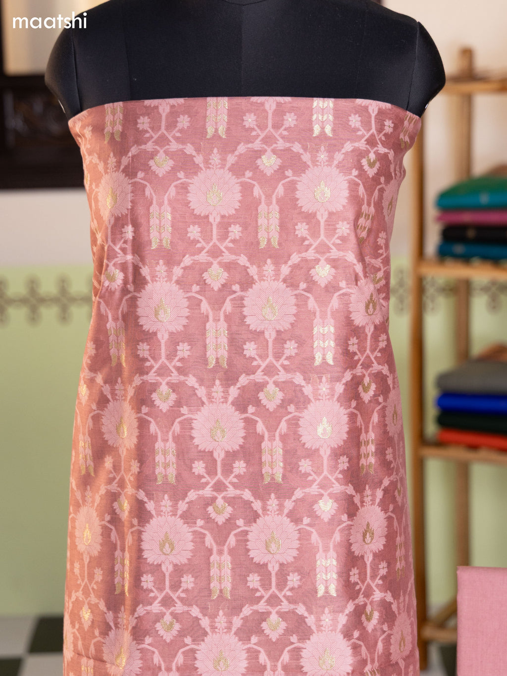 Pastel Brown and Mild Green Chanderi Dress Material With Allover Thread & Zari Weaves and Bottom & Banarasi Style Dupatta