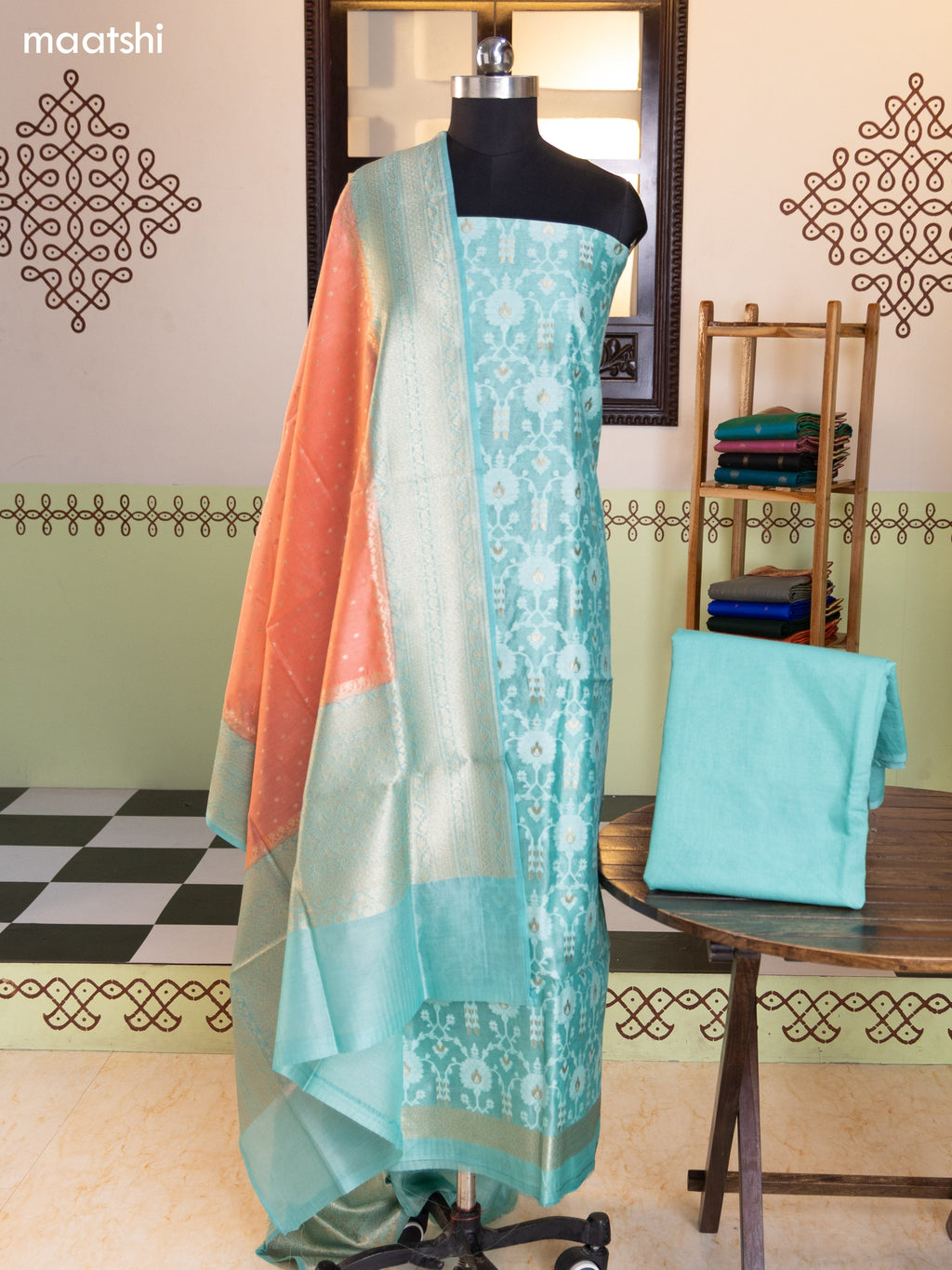 Pastel Green and Peach Pink Chanderi Dress Material With Allover Thread & Zari Weaves and Bottom & Banarasi Style Dupatta