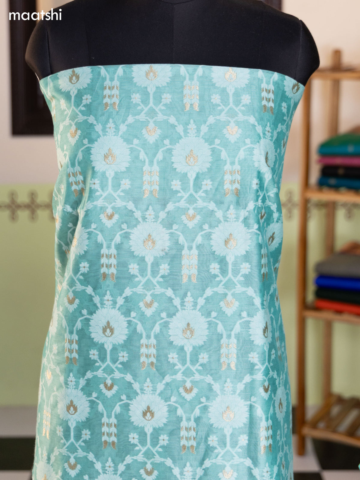 Pastel Green and Peach Pink Chanderi Dress Material With Allover Thread & Zari Weaves and Bottom & Banarasi Style Dupatta