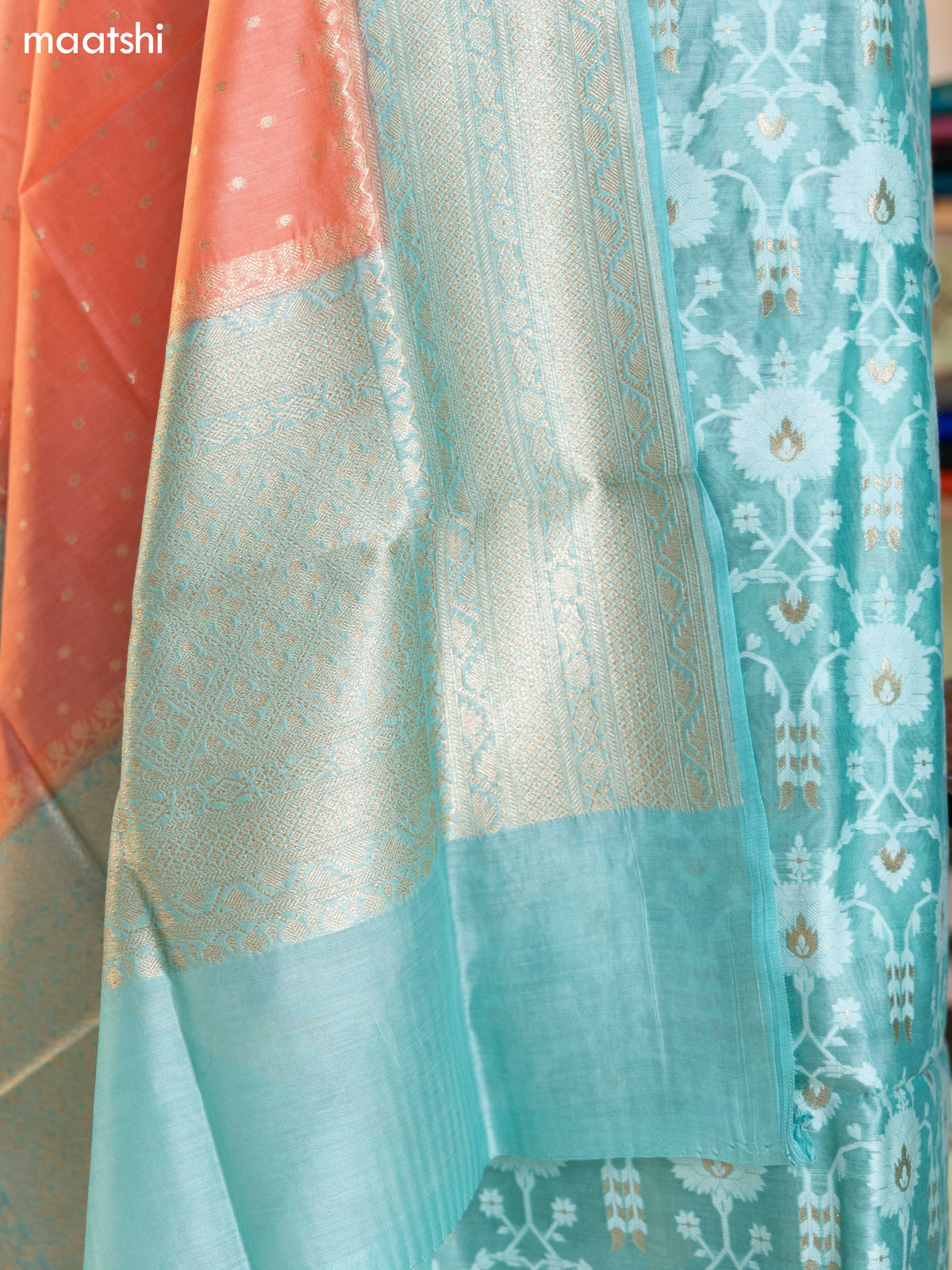 Pastel Green and Peach Pink Chanderi Dress Material With Allover Thread & Zari Weaves and Bottom & Banarasi Style Dupatta
