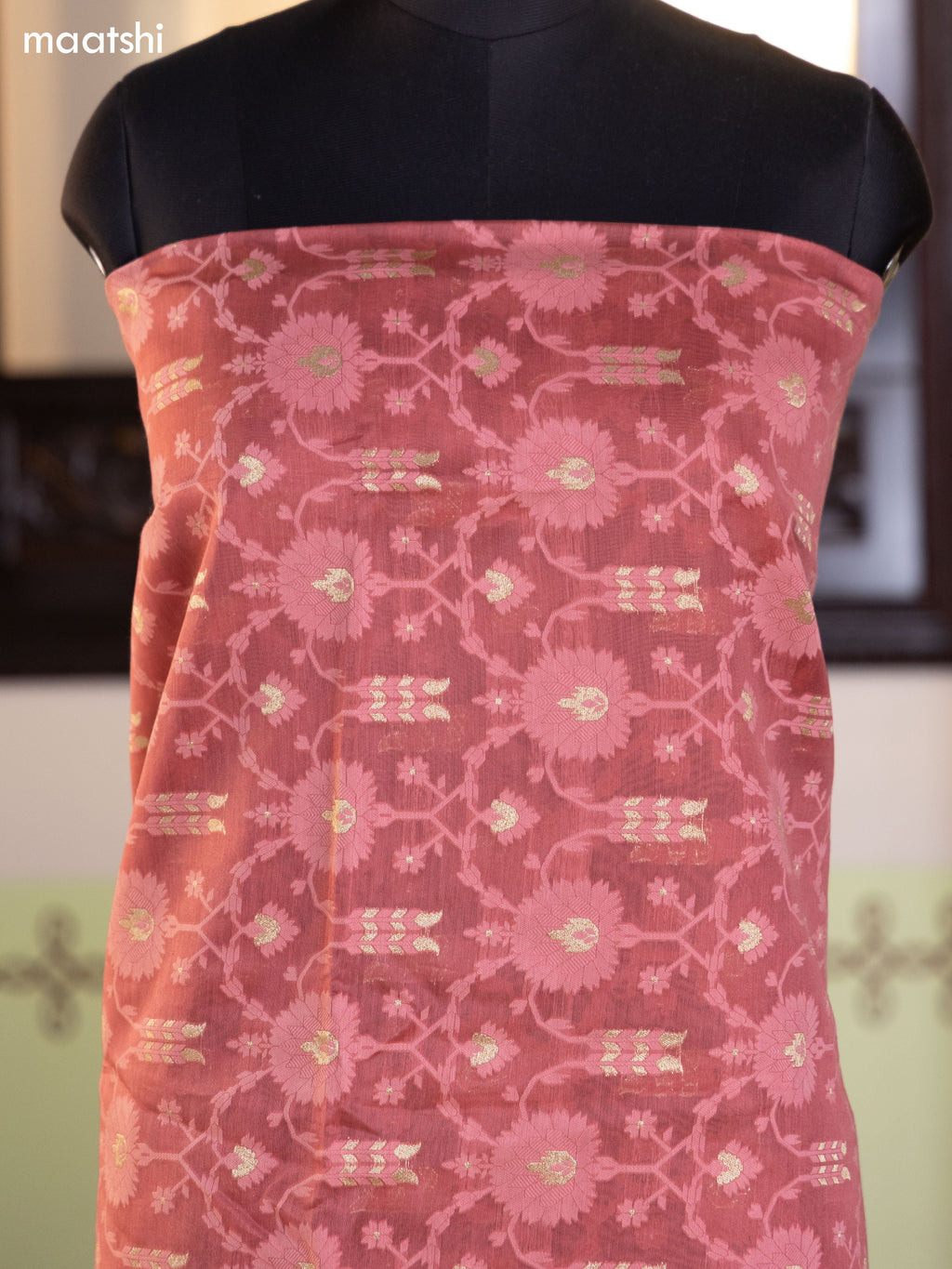 Peach Pink and Sandal Chanderi Dress Material With Allover Thread & Zari Weaves and Bottom & Banarasi Style Dupatta