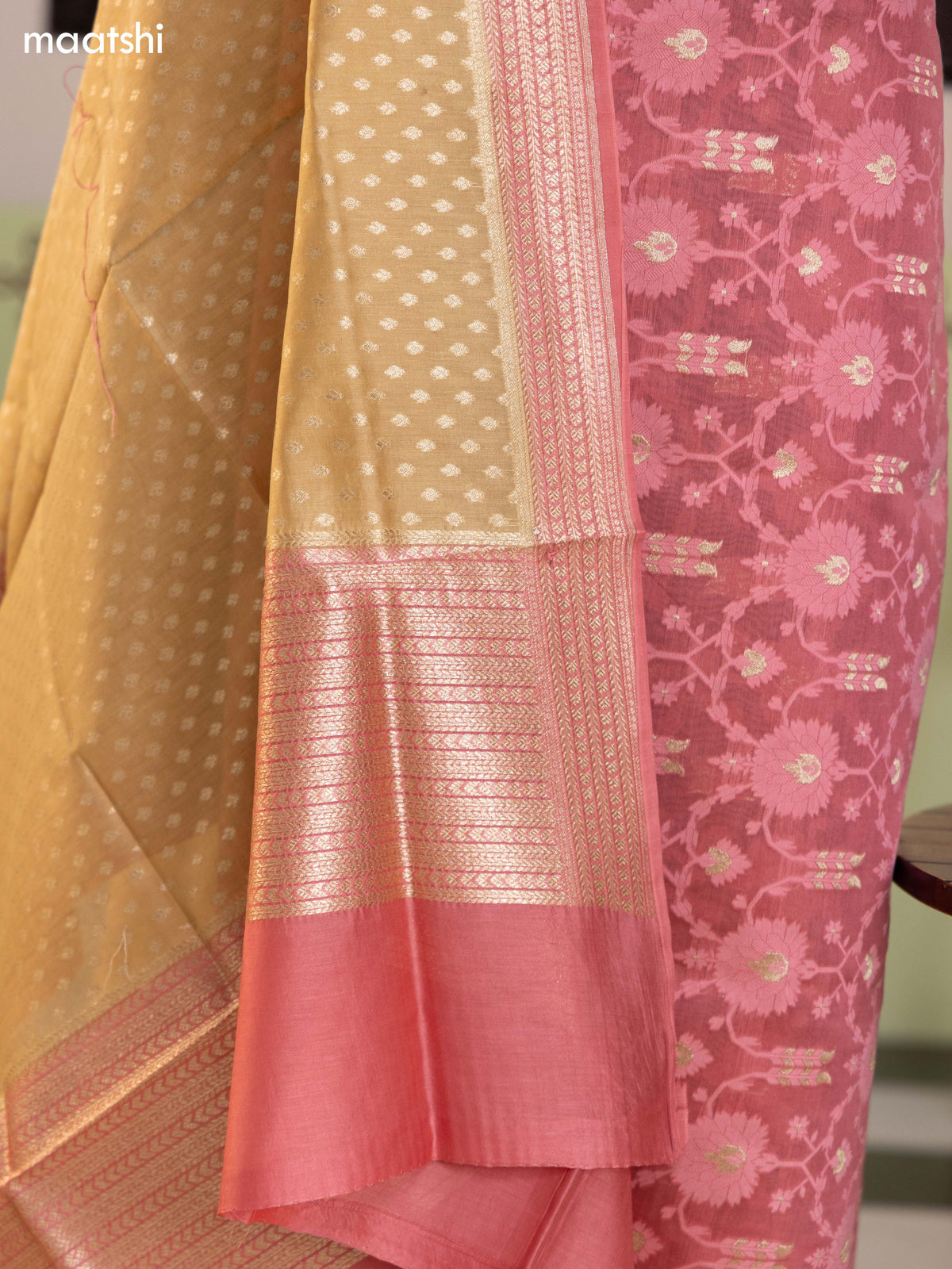 Peach Pink and Sandal Chanderi Dress Material With Allover Thread & Zari Weaves and Bottom & Banarasi Style Dupatta