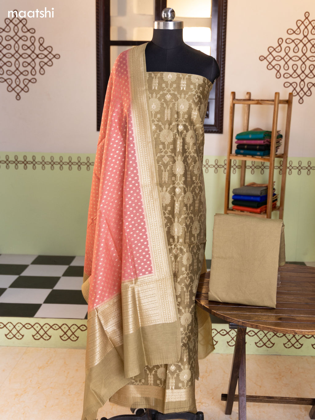Mustard Green and Pink Chanderi Dress Material With Allover Thread & Zari Weaves and Bottom & Banarasi Style Dupatta